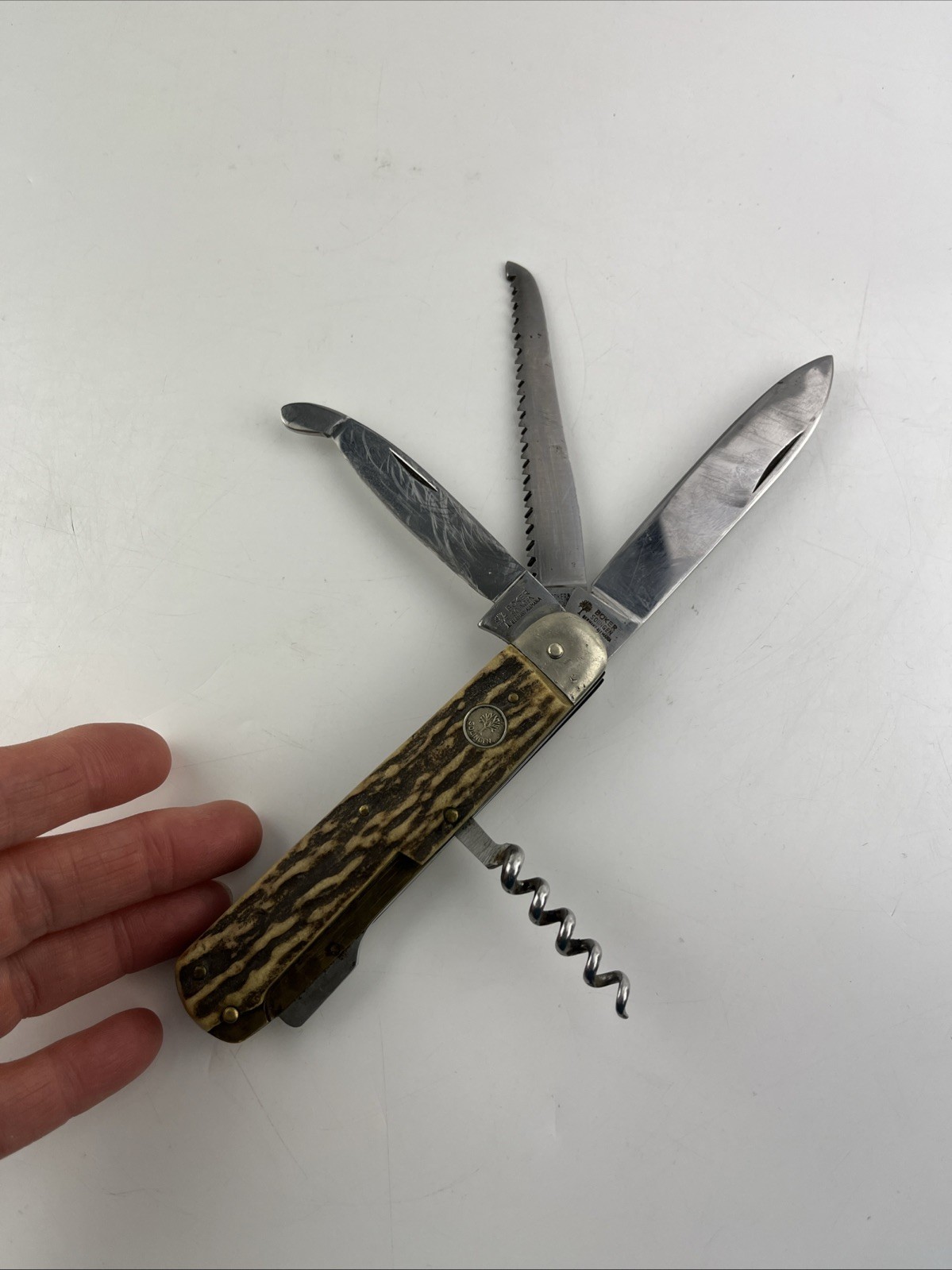Vintage Heinr. Boker & Co. Solingen Germany Tree Brand 3 Layer Stag Scale Knife