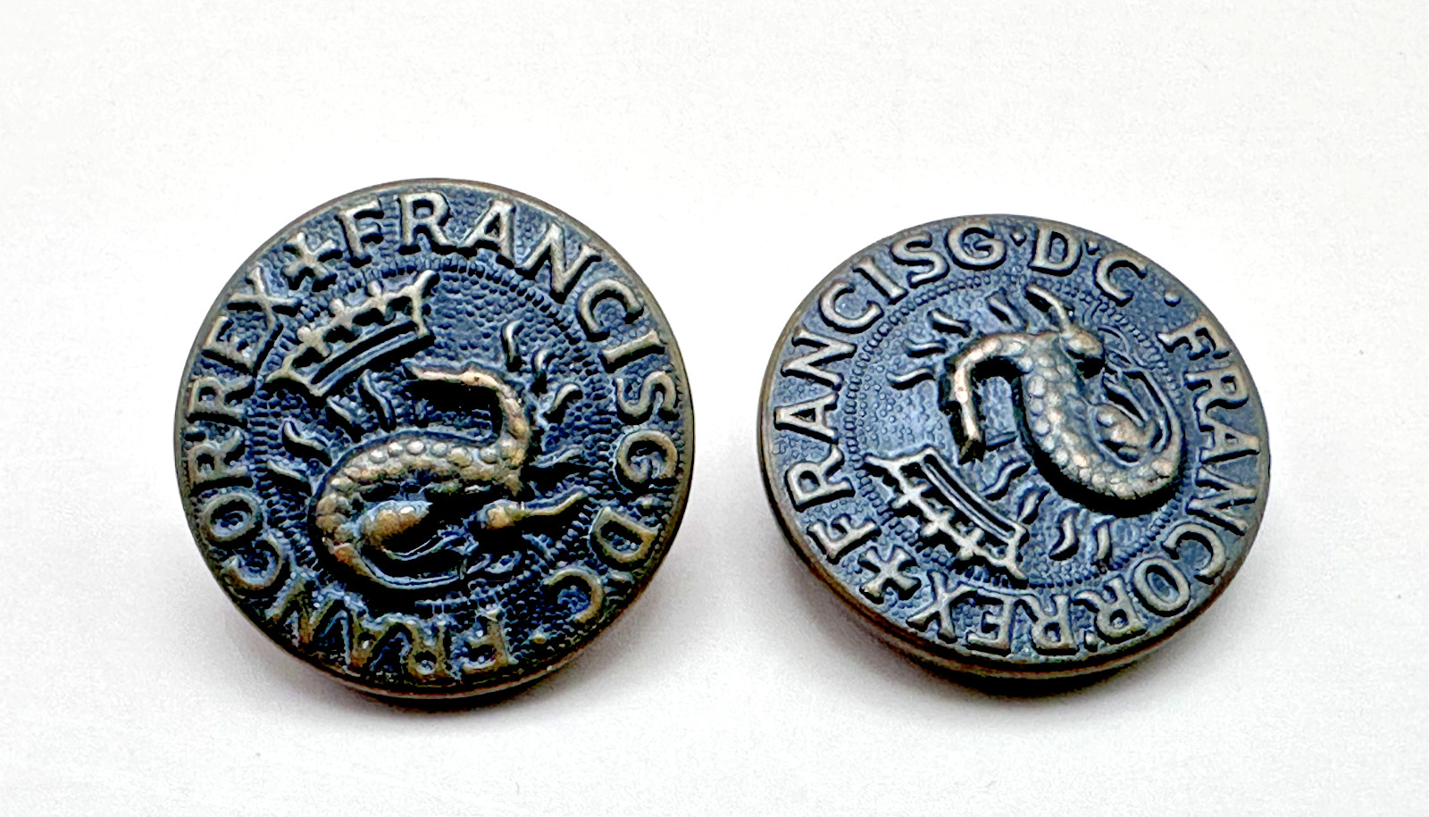 TWO VINTAGE FRANCOR REX FRANCIS G.D.C. DRAGON METAL BUTTONS A692