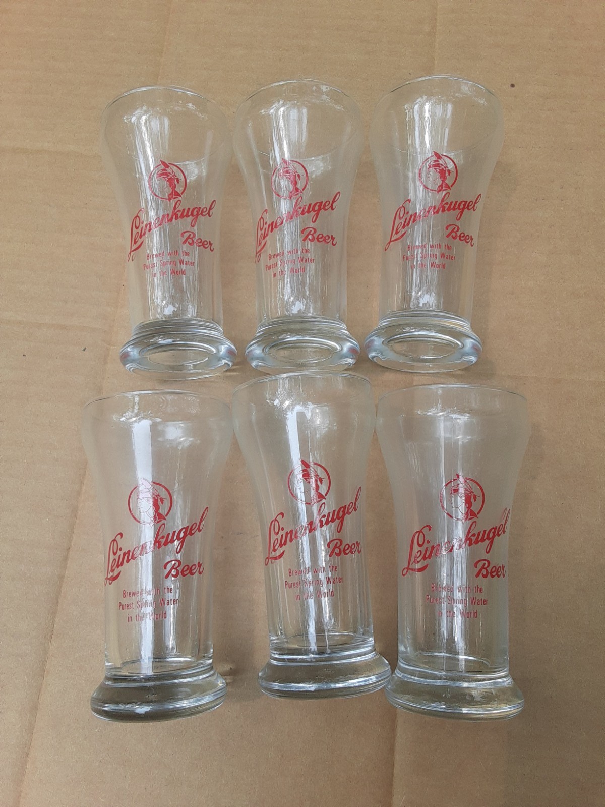 (6) Vintage Leinenkugel\'s Brewery 7 oz. Glasses Native Maiden Logo in orig. box