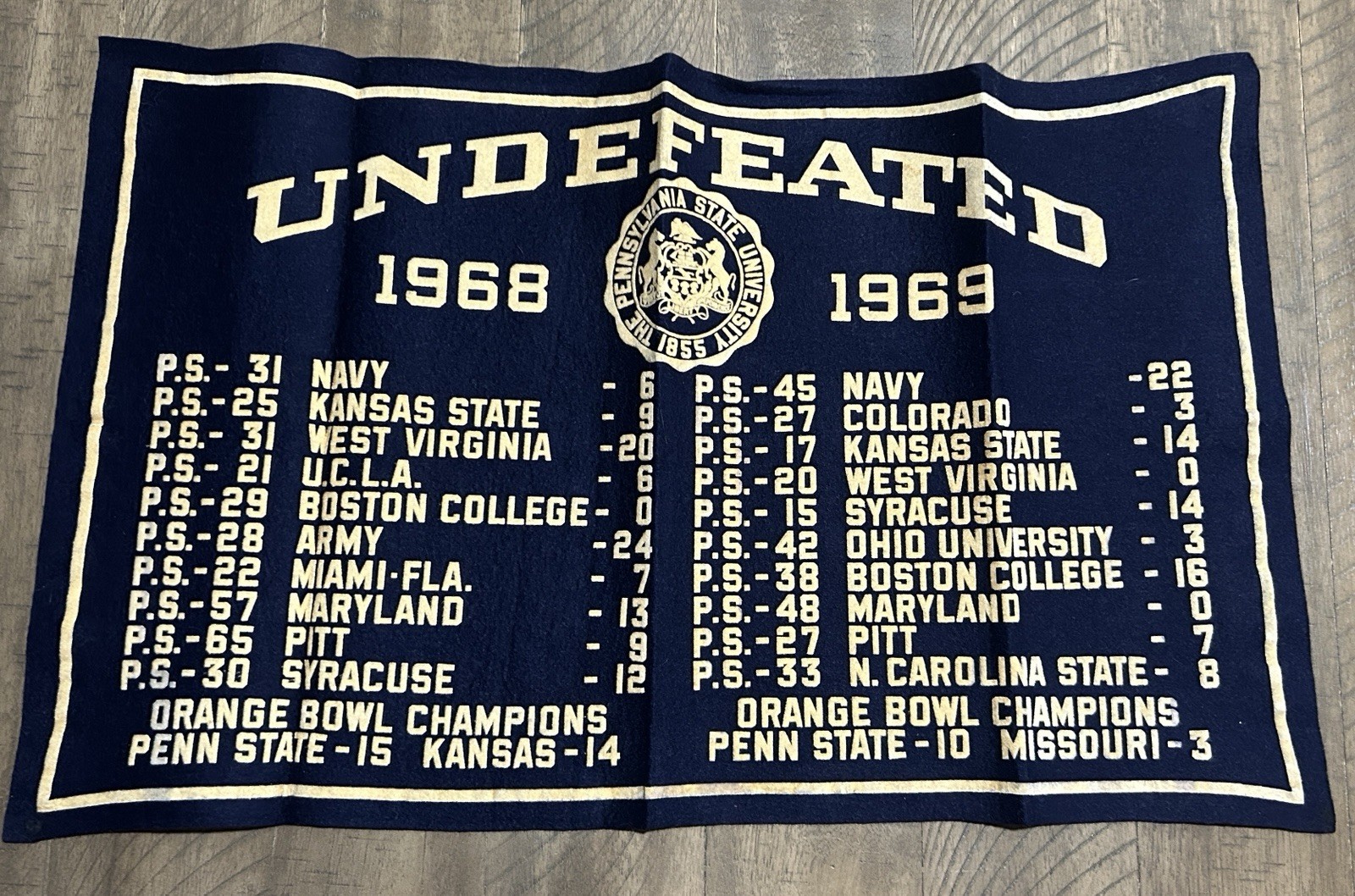 Vintage 1968-1969 Undefeated Seasons Penn State Felt Banner  Wall Flag 23”x13.5”