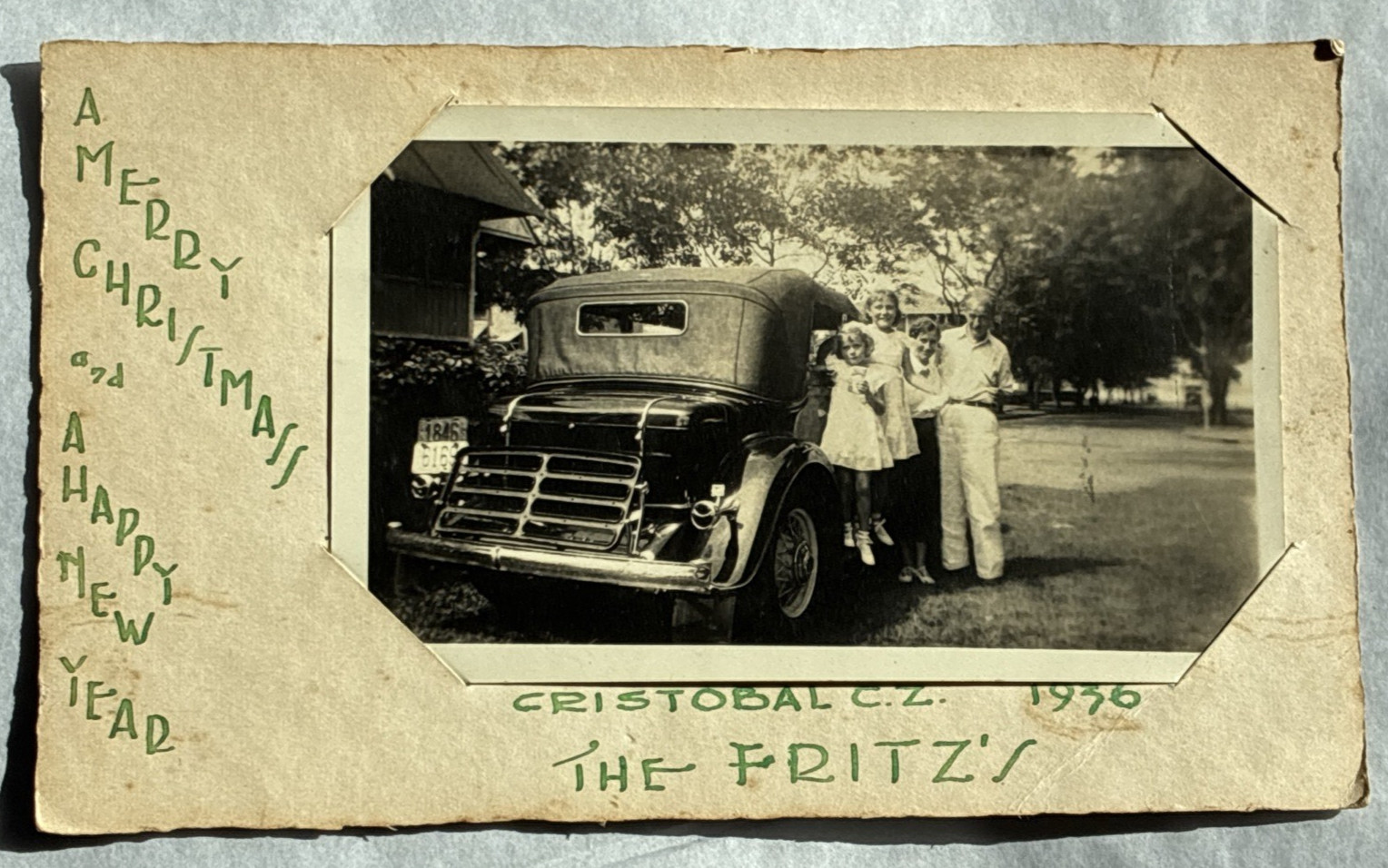 1936 Family Photo Vintage Christmas Card Cristobal CZ Canal Zone Panama Auto