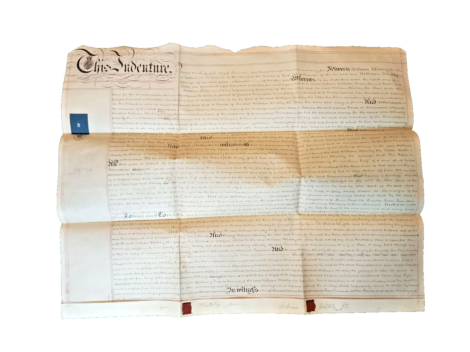 1864 Victorian Vellum Indenture Document: Whiteley Dewsbury Yorkshire