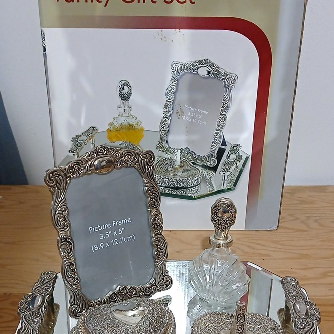 5-Piece Vanity Gift Set w/ Mirror Tray, 3.5x5 Frame, Perfume Bottle, Boxes