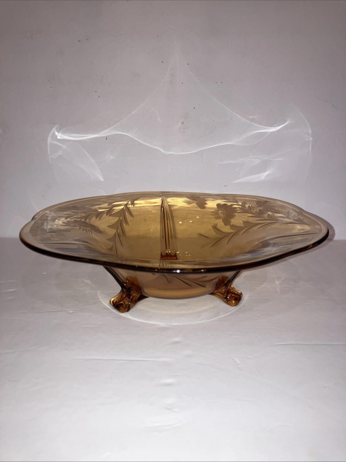 Vintage 1930\'S FOSTORIA Amber 12” Serving Bowl Depression GLASS W/Etched Flower Vintage 1930\'S FOSTORIA Amber 12” Serving Bowl Depression GLASS W/Etched Flower