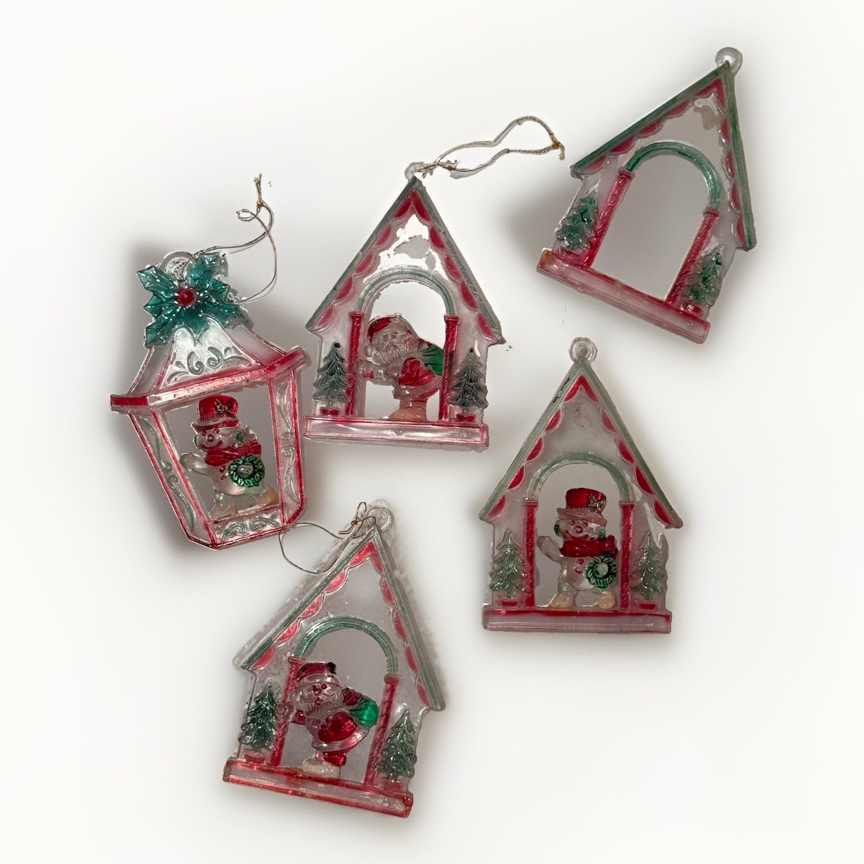 Vintage Christmas 1960s Acrylic Santa & Snowman Ornaments - Set of 5