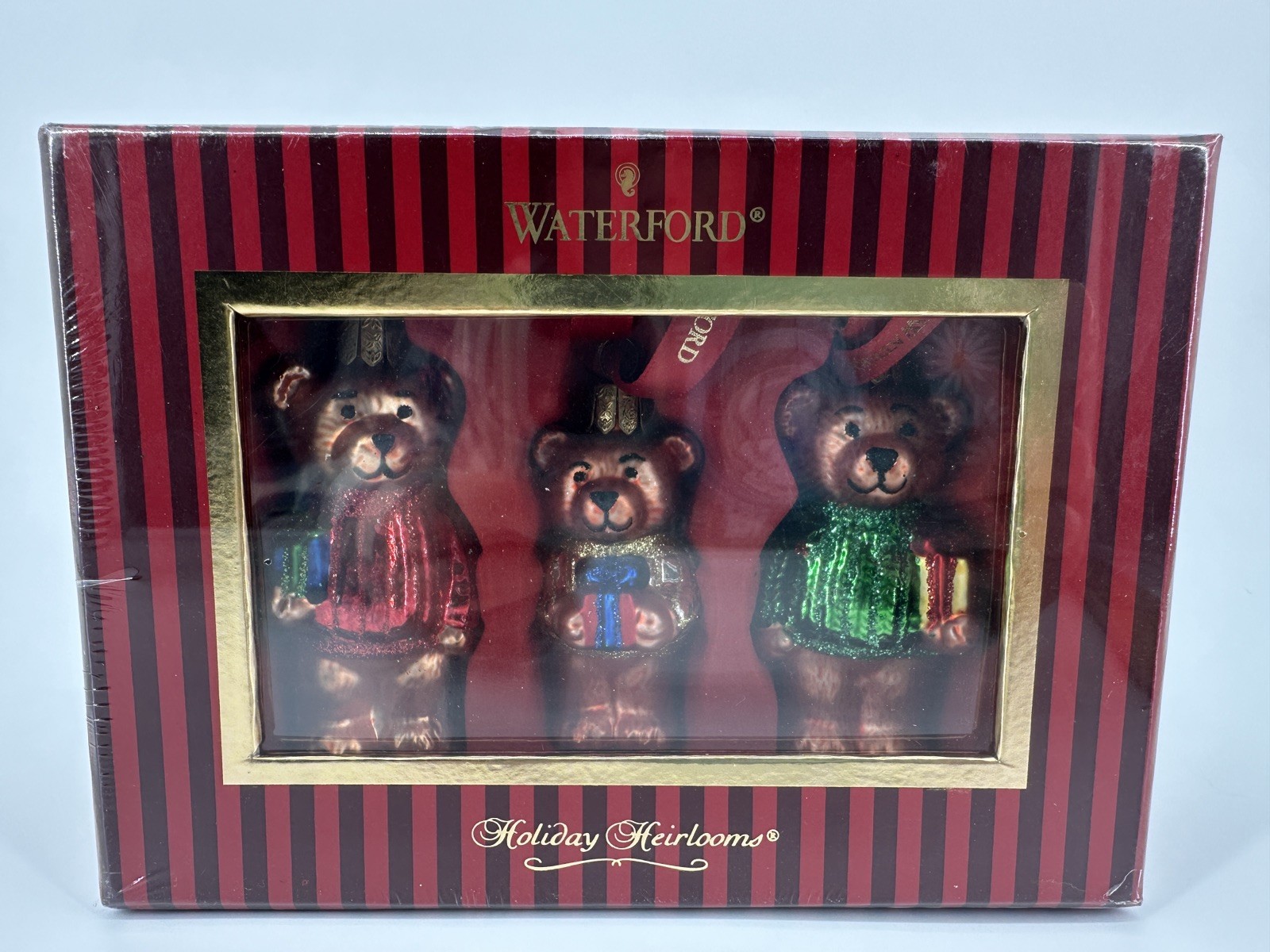 Set 3 Waterford Holiday Heirlooms Teddy Bears Glass Christmas Ornaments SEALED