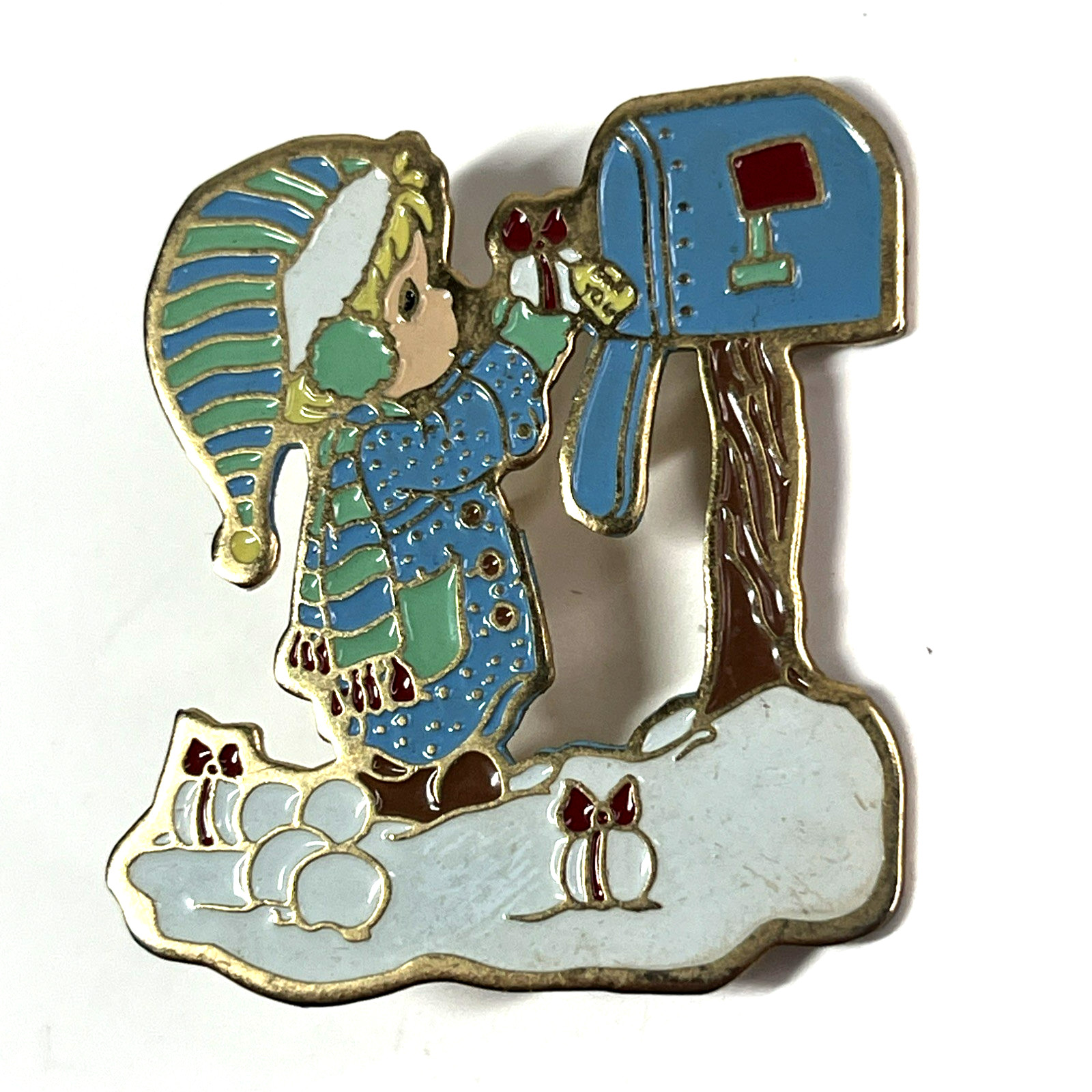 Vintage Precious Moments Mailbox Christmas Snow Holiday Pin Gold Tone