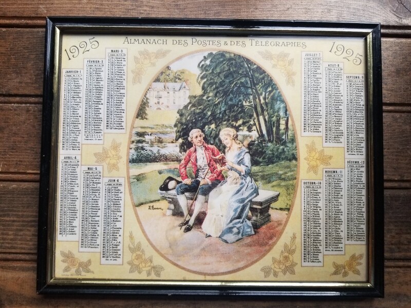 Vintage 1925 Almanac Calendar oberthur Almanac des postes / Telegraphes in frame