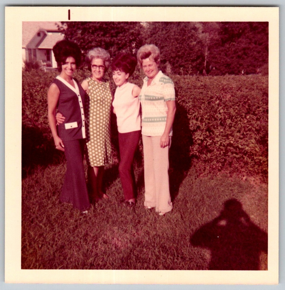 Vtg Color Snapshot Four Women Big Bouffant Hair Fashion Lawn Yard 1970s