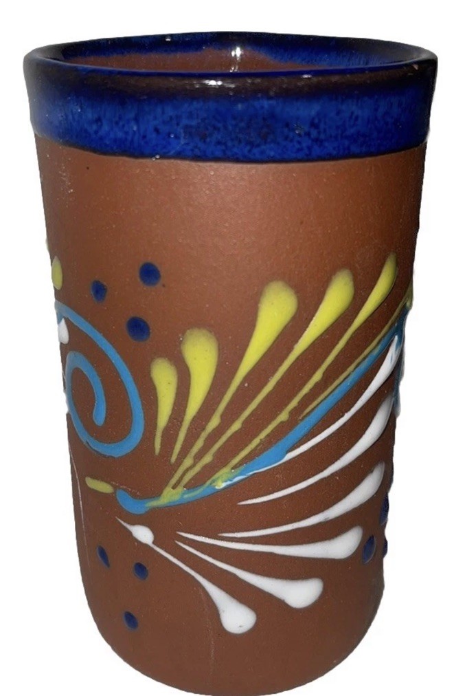 Mexican Folk Art Terra Cotta Pottery Tumbler Cup Vase Raised Design Hand Painted