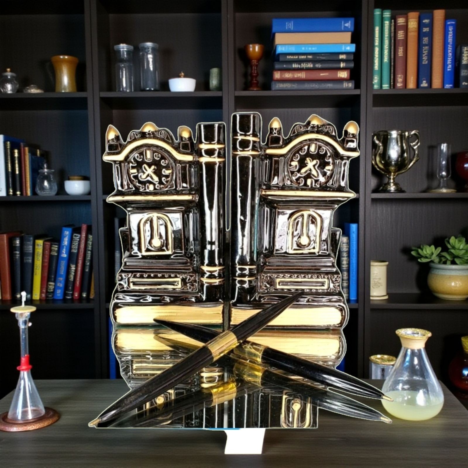 Vintage Windsor Grandfather Clock Bookends Desk Set w Pens Black Gold Japan 50s