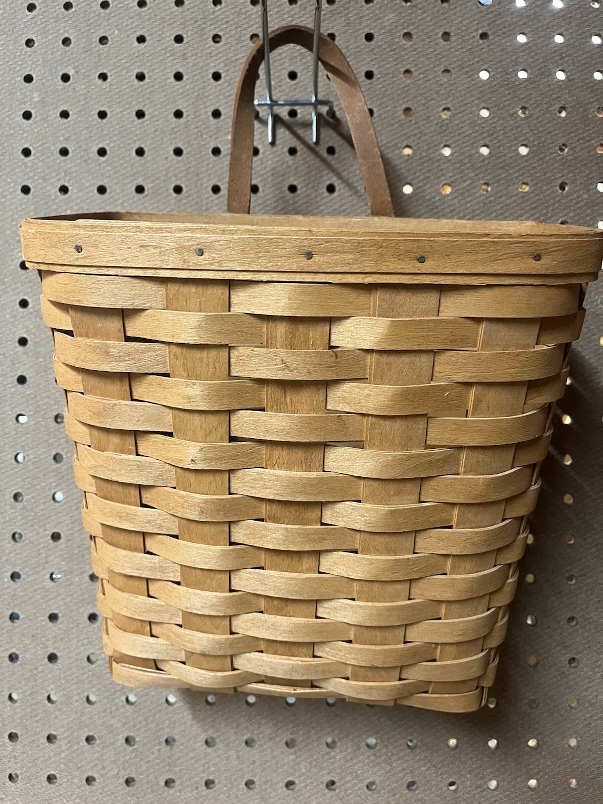Longaberger 1990s Handwoven Wall Hanging Basket Leather Strap Storage/Keys/Mail