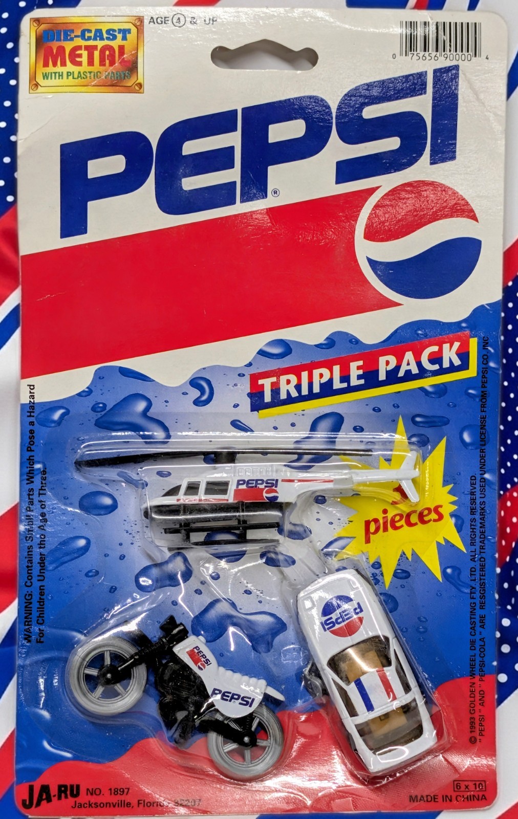 Vintage Ja-Ru  Pepsi Car Helicopter Motorcycle Die Cast Triple Pack NOS