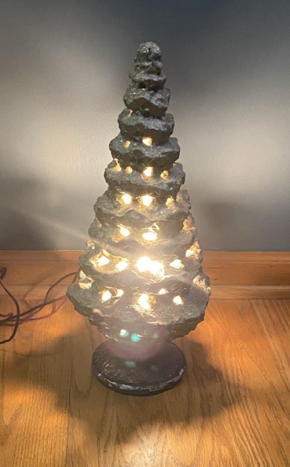 Vintage Antique Plaster Chalkware 2pc Lighted Christmas Tree With Base 1925 16\