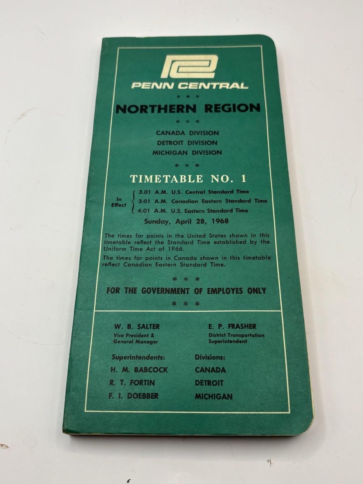 Vintage 1968 Penn Northern Timetable No. 1 Central Region Railroad Employee
