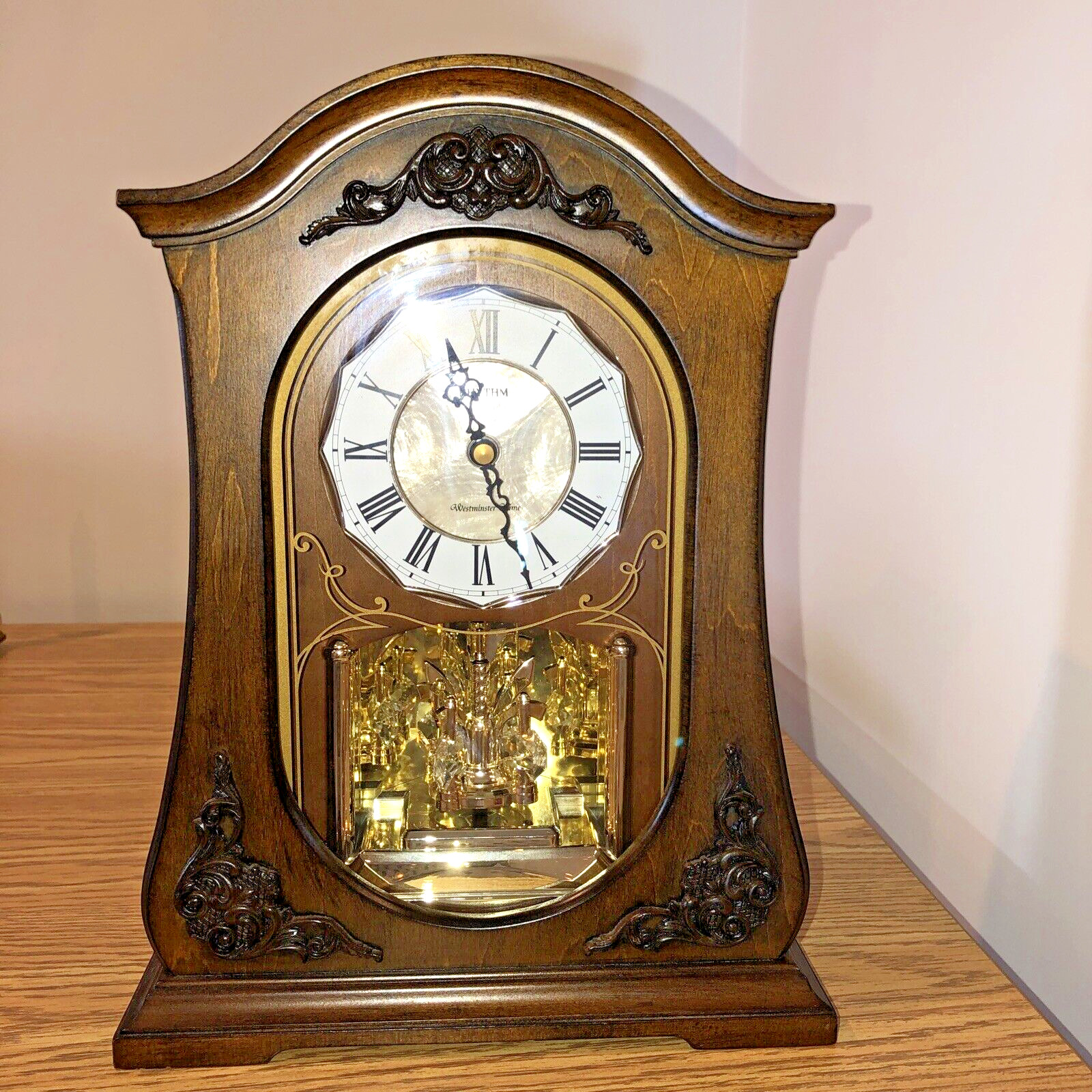 Westminster Chime Clock  Rhythm Woodw/Swarovski Elements Glass Retro Design VTG