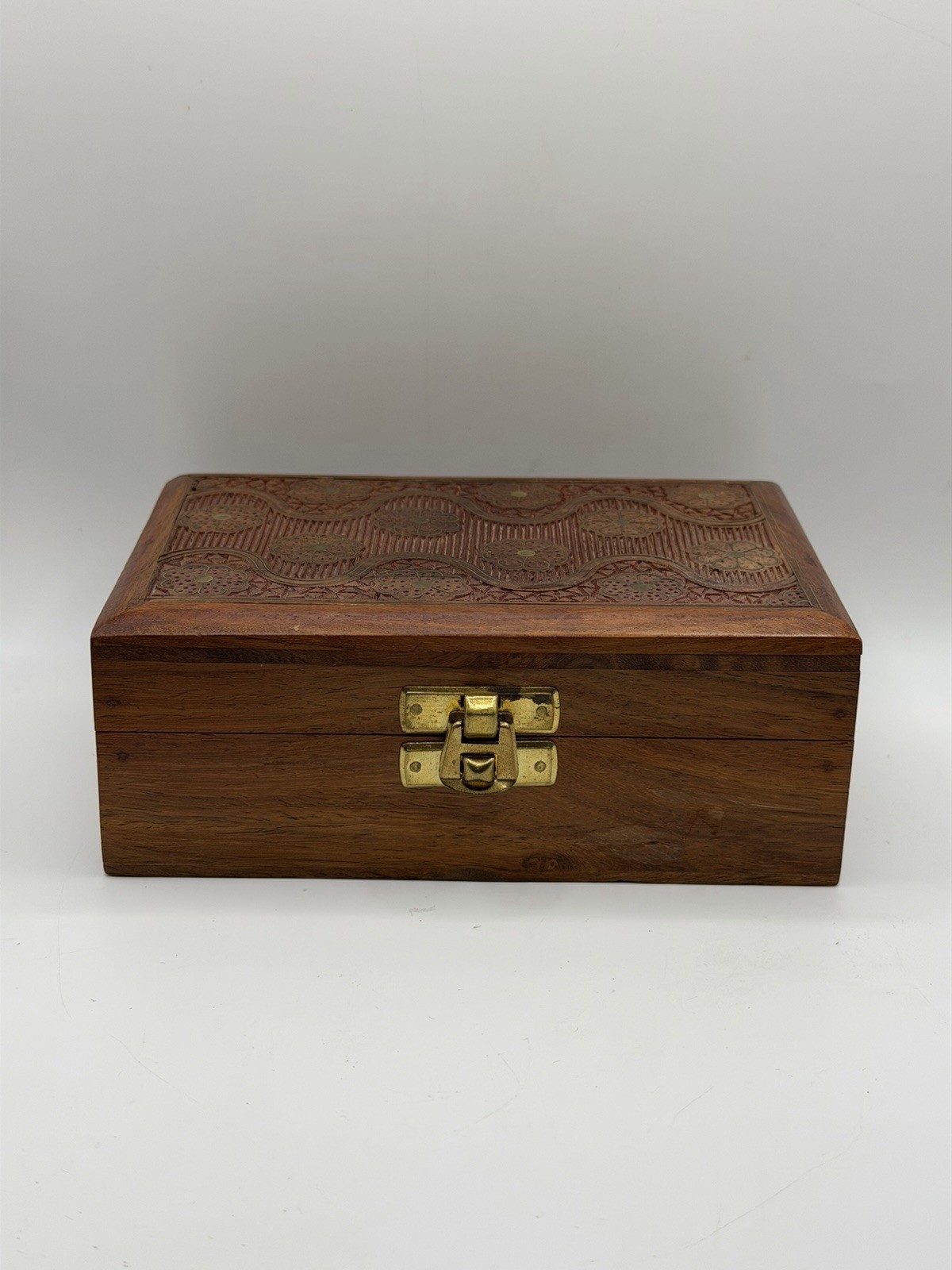 Vintage Carved Wood Jewelry Trinket Box Brass & Wood Inlay Floral Velvet Lined