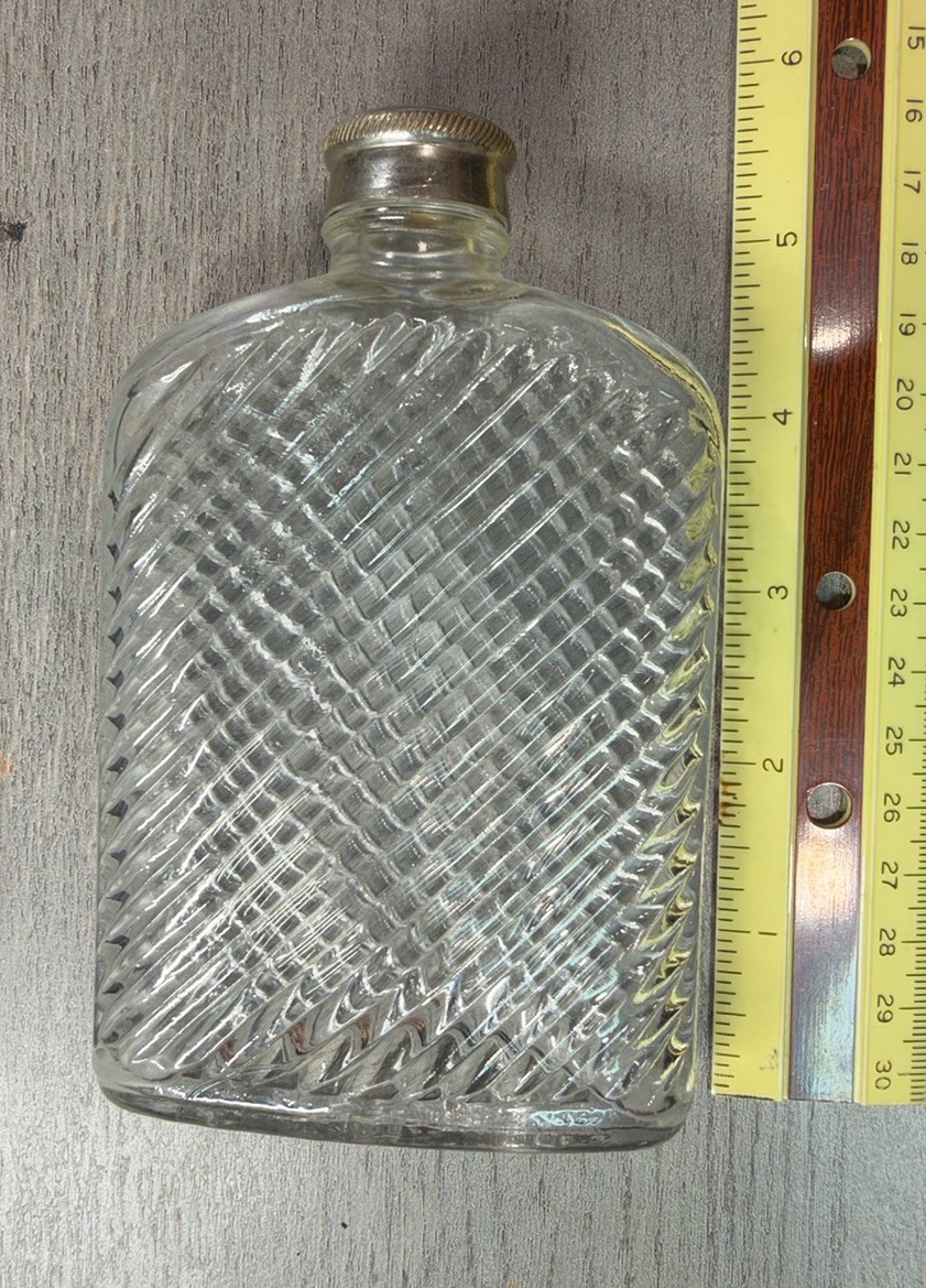 Vintage Pressed Glass Pocket Flask Crosshatch Pattern Metal Screw Cap 9 12 Mark
