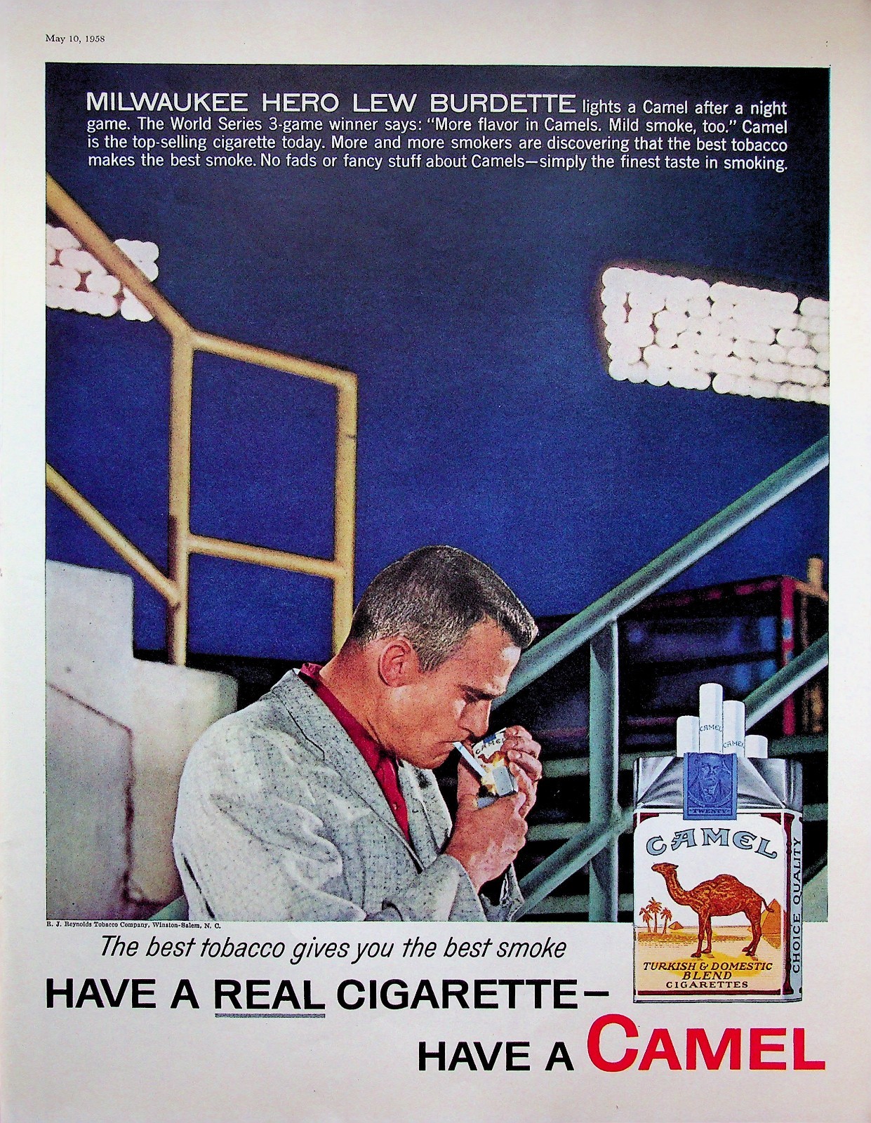 Camel Cigarettes 1958 Print Ad Lew Burdette Milwaukee Braves Baseball