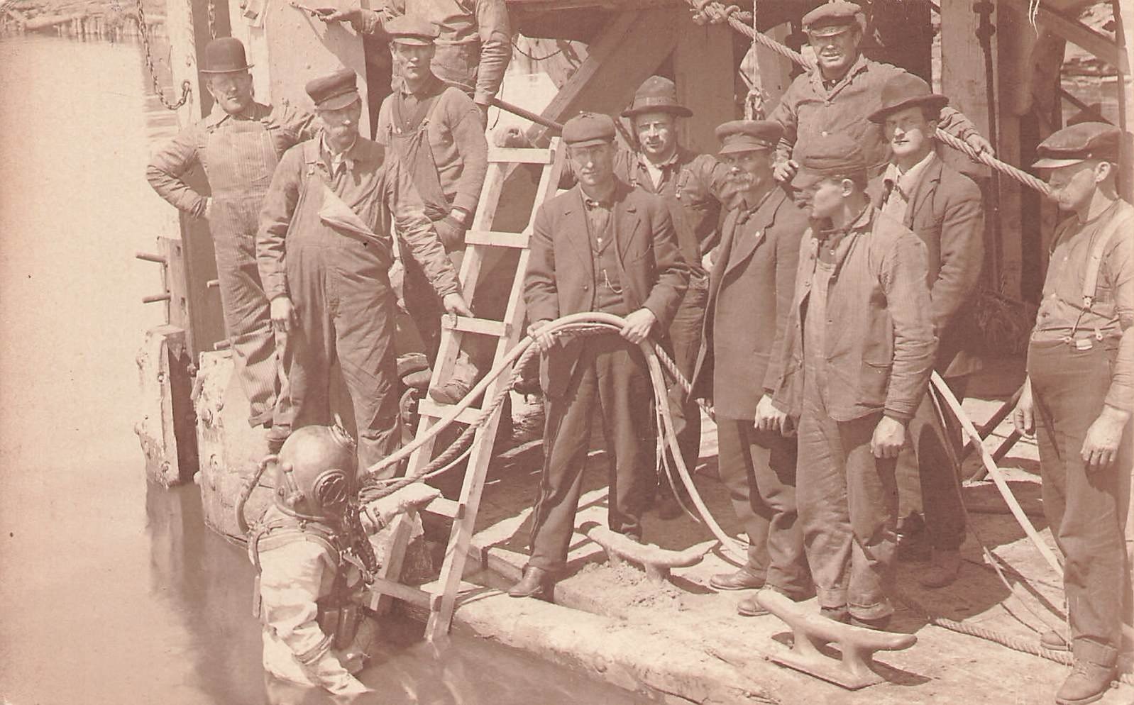 1911 RPPC Divers Working Ontonagon Michigan MI Divers Pier Occupational Postcard