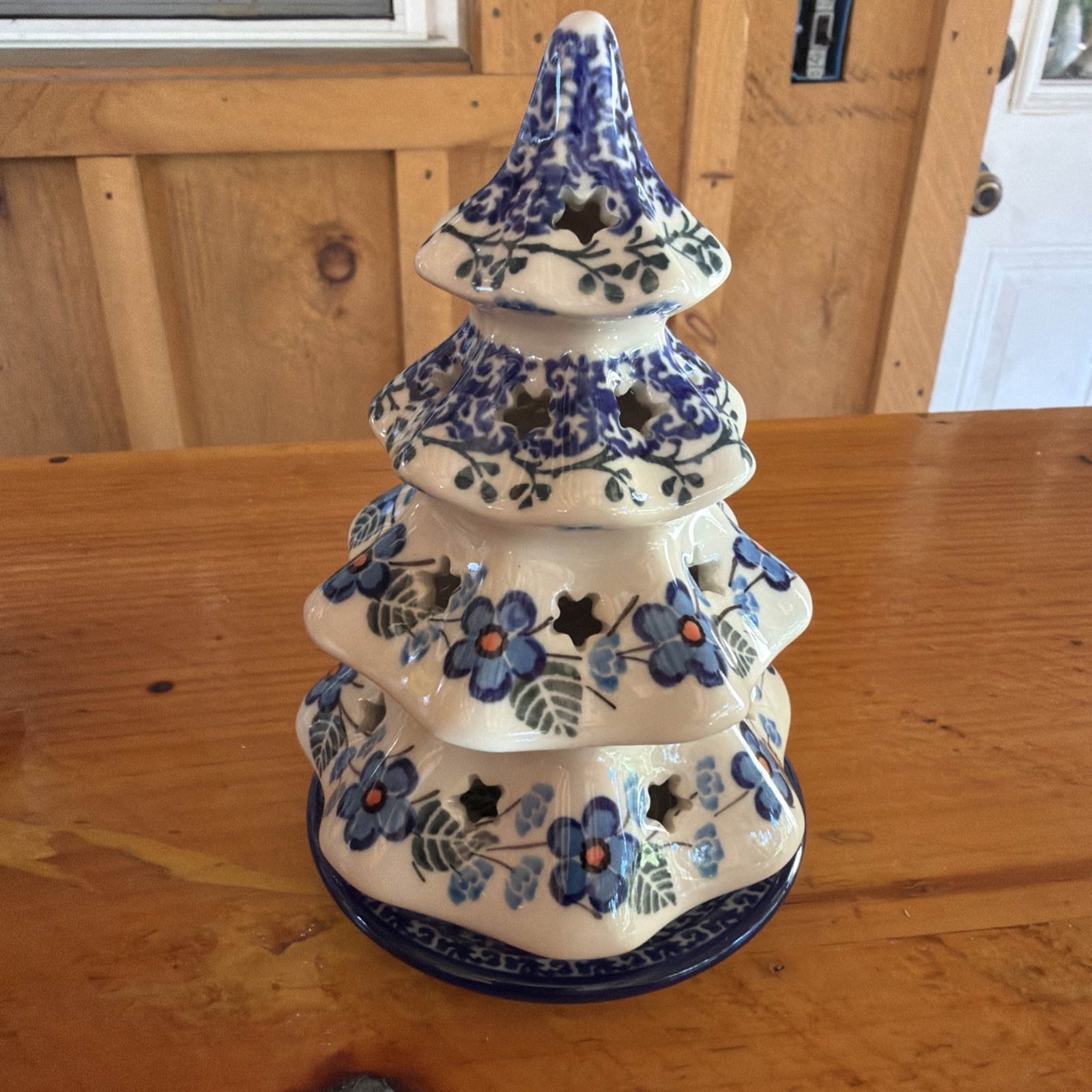 Ceramika Artystyczna Votive Tree Luminary 8.5”Blue Polish Pottery Boleslawiec