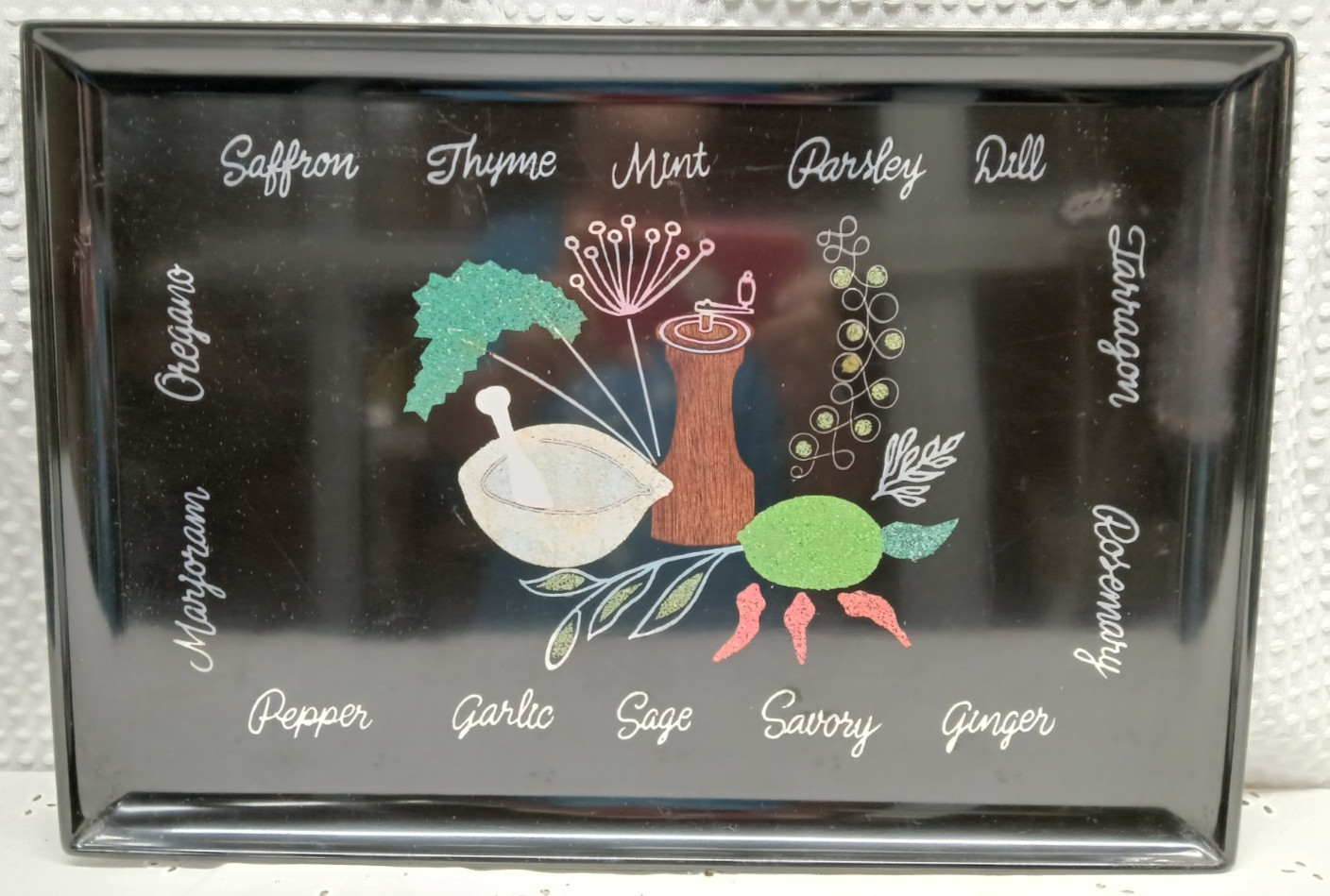 VINTAGE COUROC OF MONTEREY CALIFORNIA HERB SERVING TRAY 18X12 MCM RECTANGLE