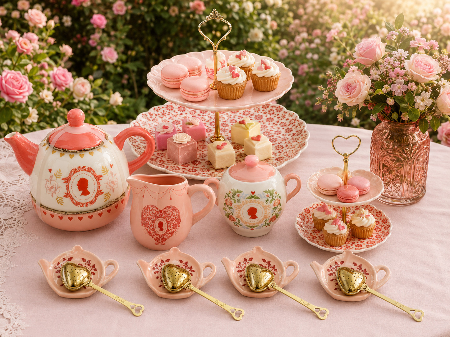 Brand New Rare Bridgerton 14 Pc Coral Tea Set Teapot Tiers Steepers Vase