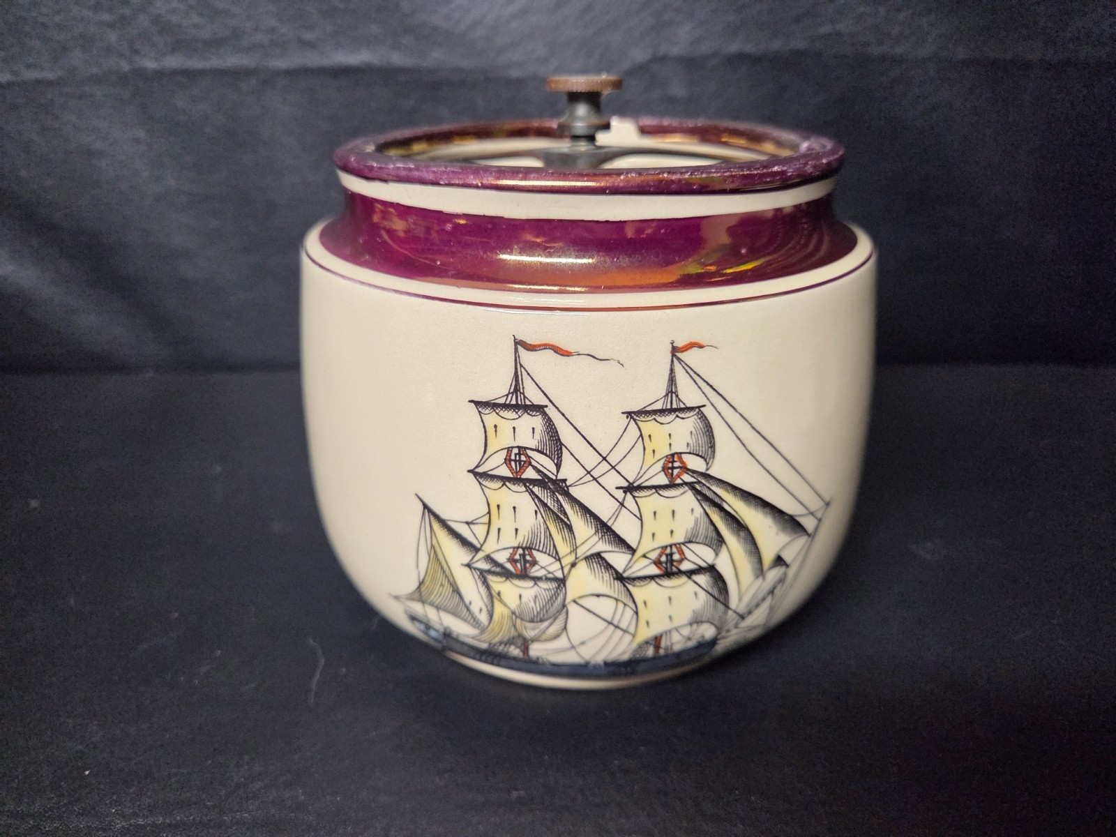 RARE Vintage Gray’s Pottery Tobacco Jar Humidor Nautical Clipper Ship Poem
