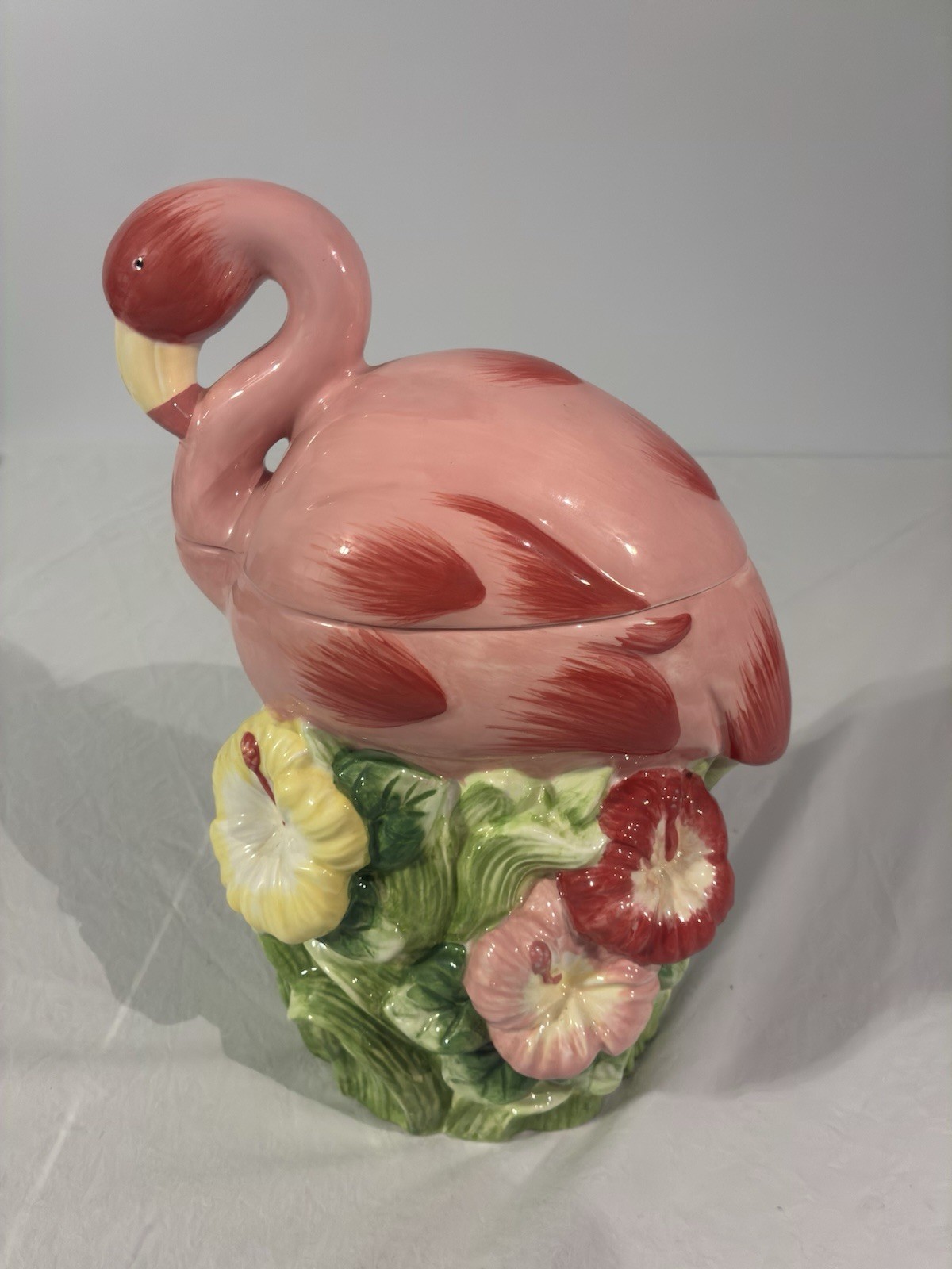 Target Home Retro Ceramic Pink Flamingo Cookie Jar Hibiscus Flowers 2005