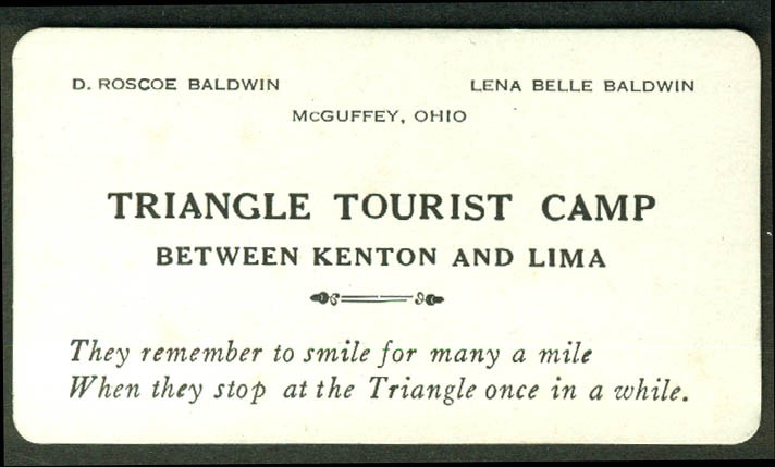 Triangle Tourist Camp McGuffey OH business card ca 1930s The Baldwins