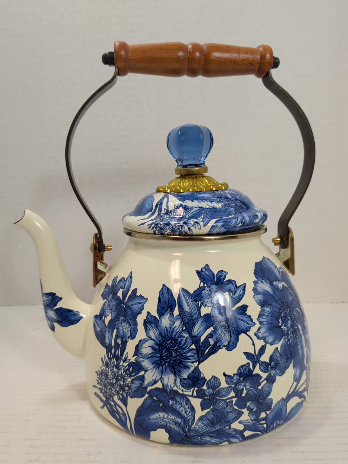 MacKenzie Childs White Blue Enamel Tea Kettle