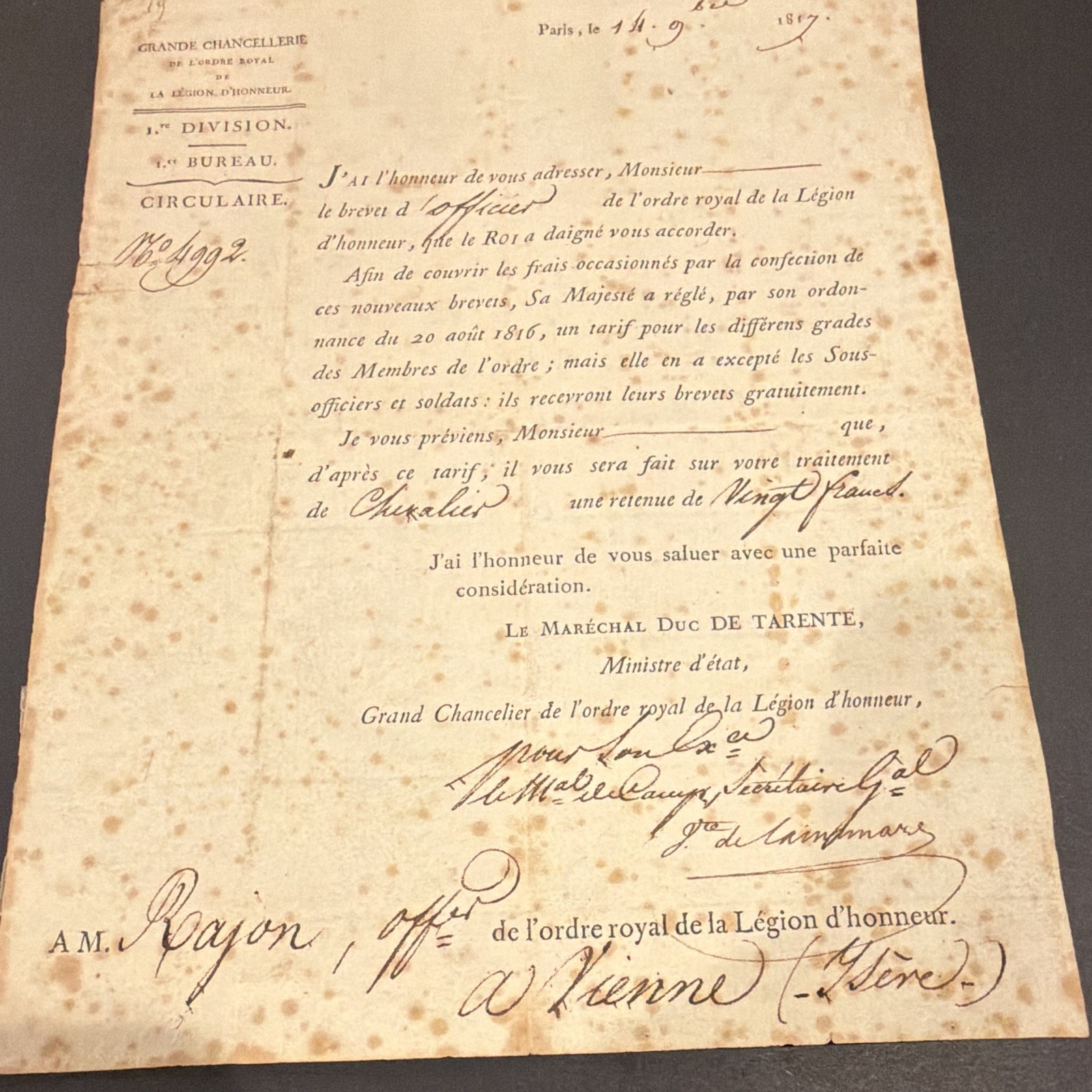 1817 French Document Signed Napoleon Marshal Macdonald Duke of Tarente Isere