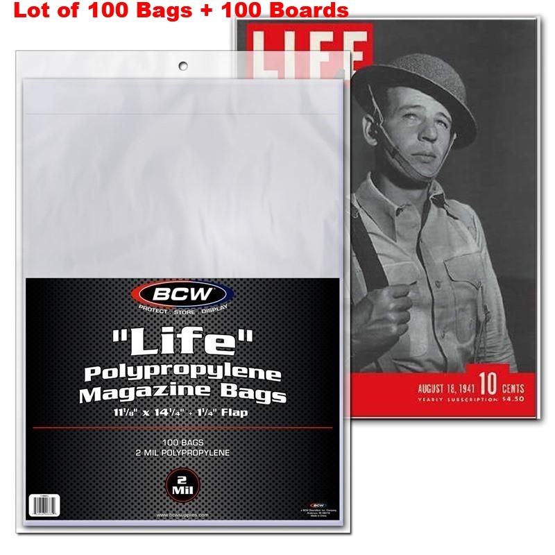 Lot of 100 BCW Life Magazine Size Poly Bags + 100 Acid Free Backer Boards