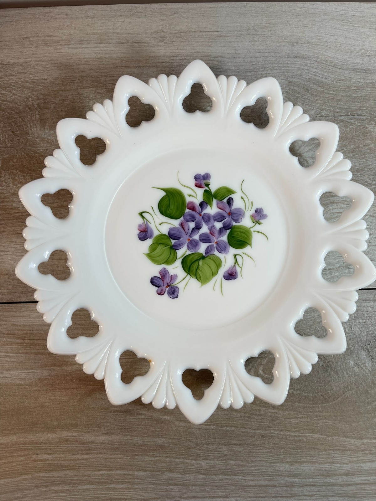 Vintage Milk Glass Lace Edge Plate Hand Painted Violets Openwork Floral