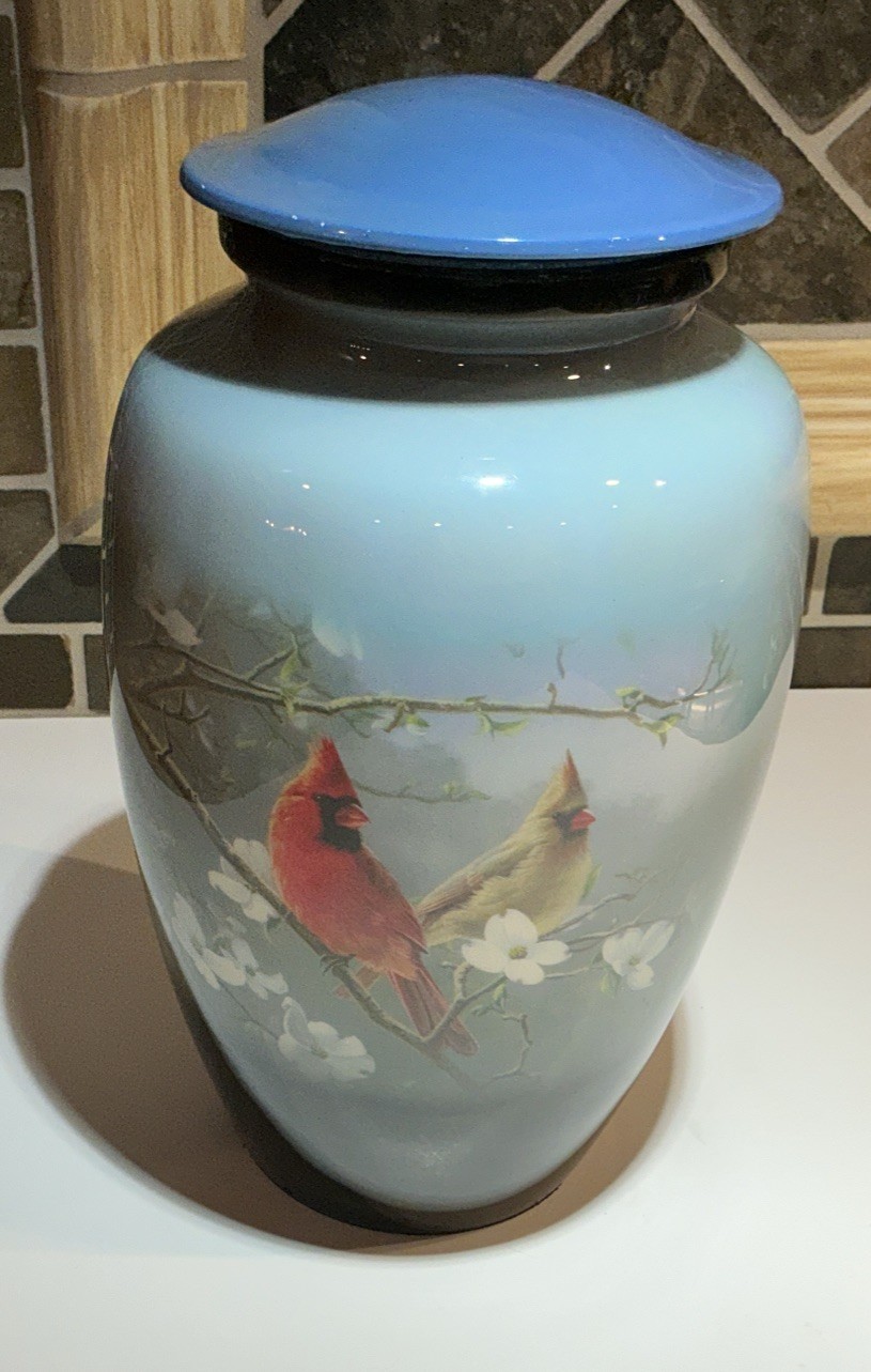 Cremation Urn - Beautiful Cardinal Couple 10 Inch Hand Painted Colorful Cremation Urn - Beautiful Cardinal Couple 10 Inch Hand Painted Colorful