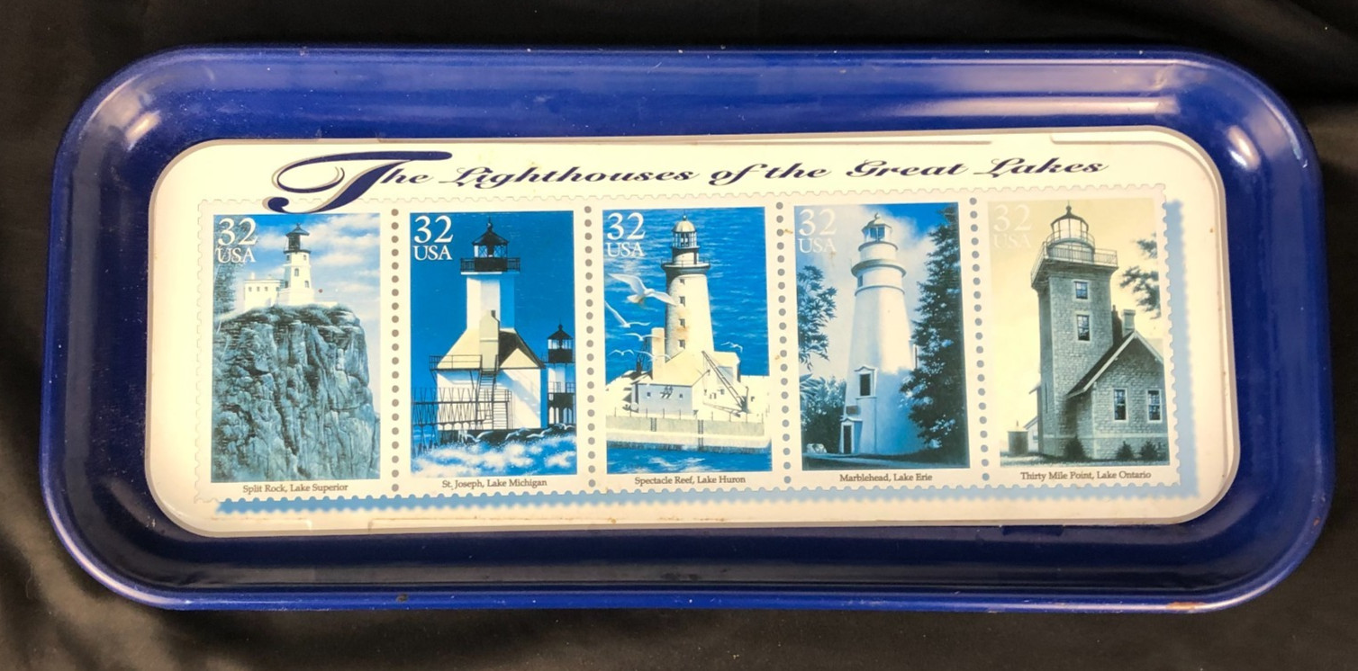Postmark Originals Metal Decorative Tray Great Lakes Lighthouses Postal Stamps