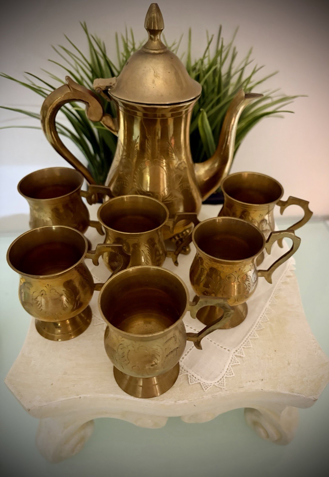 Vintage Etched Brass Tea Service with Six Footed Cups