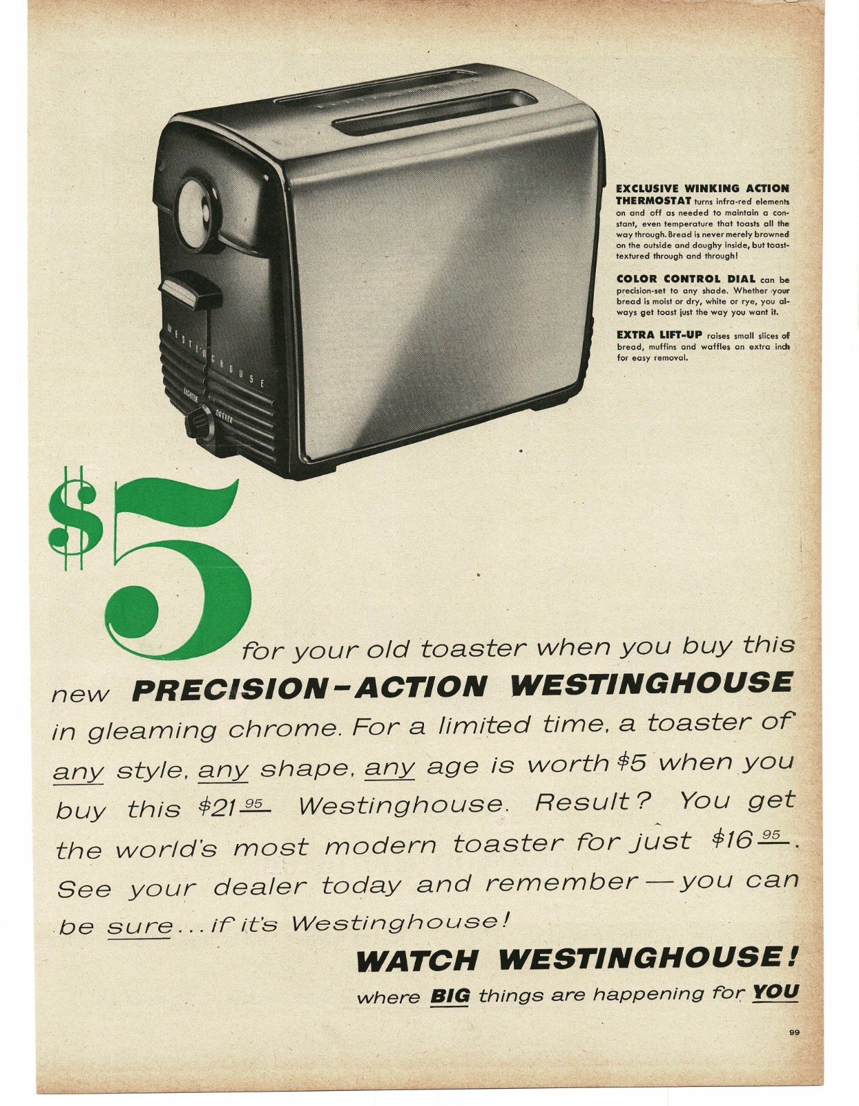 1956 Westinghouse Electric Toaster Vintage Print Ad