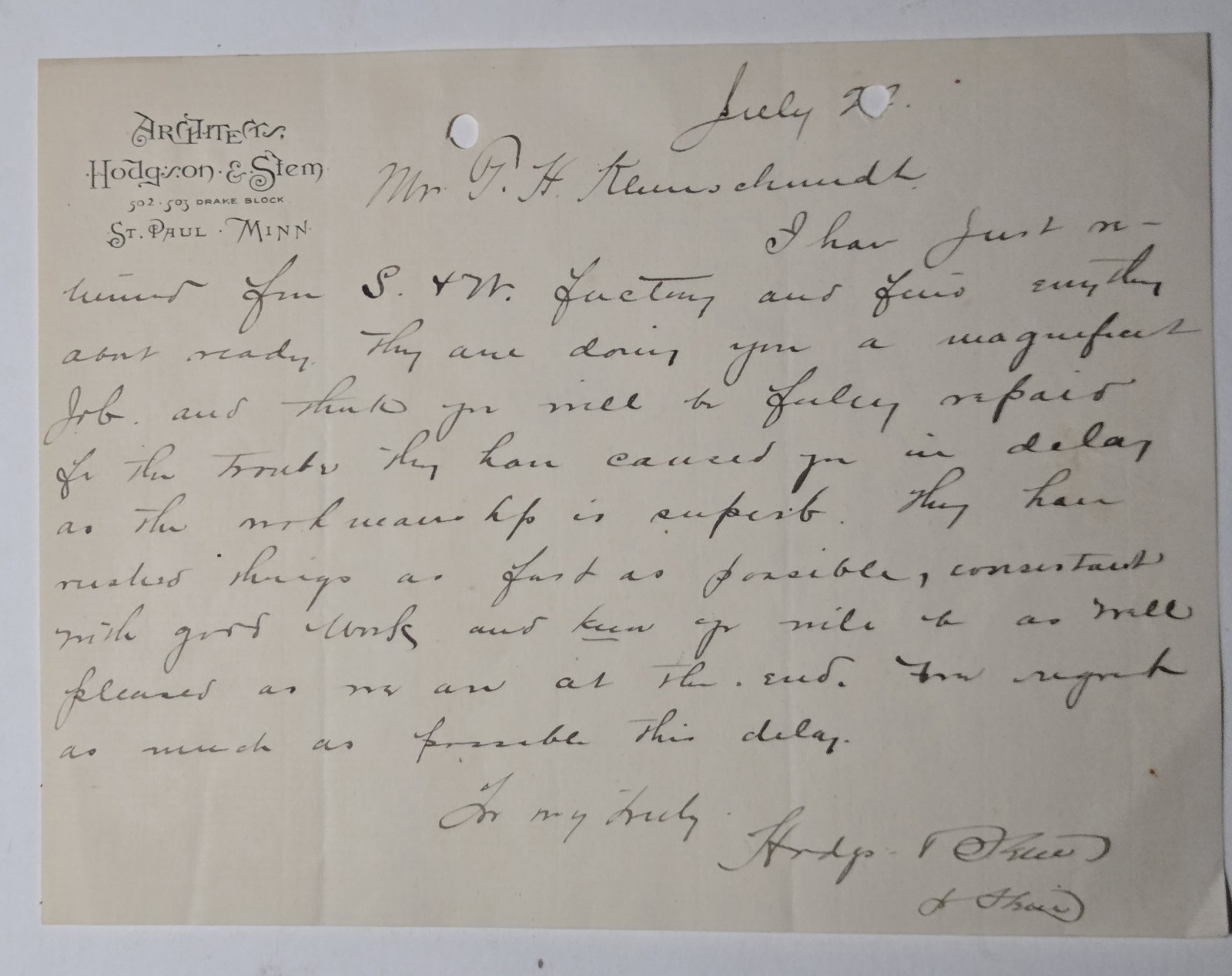 ST PAUL MINNESOTA c 1884-1891 Hodgson & Stem ARCHITECT Letterhead 