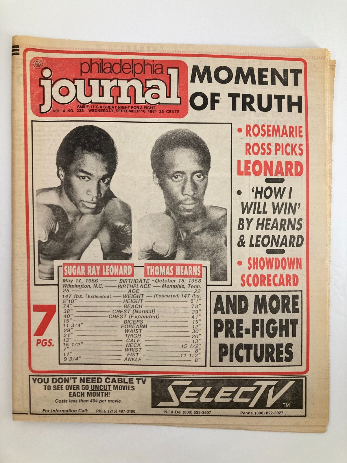Philadelphia Journal Tabloid September 16 1981 Sugar Ray Leonard v Thomas Hearns