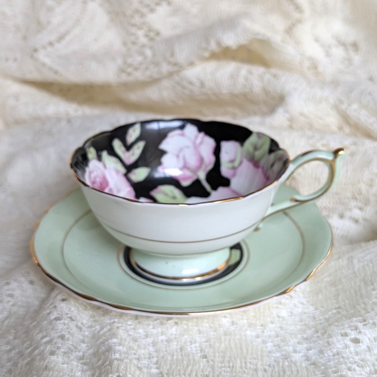 Vintage Paragon Double Warrant Teacup Saucer Pink Cabbage Rose Black Mint Green