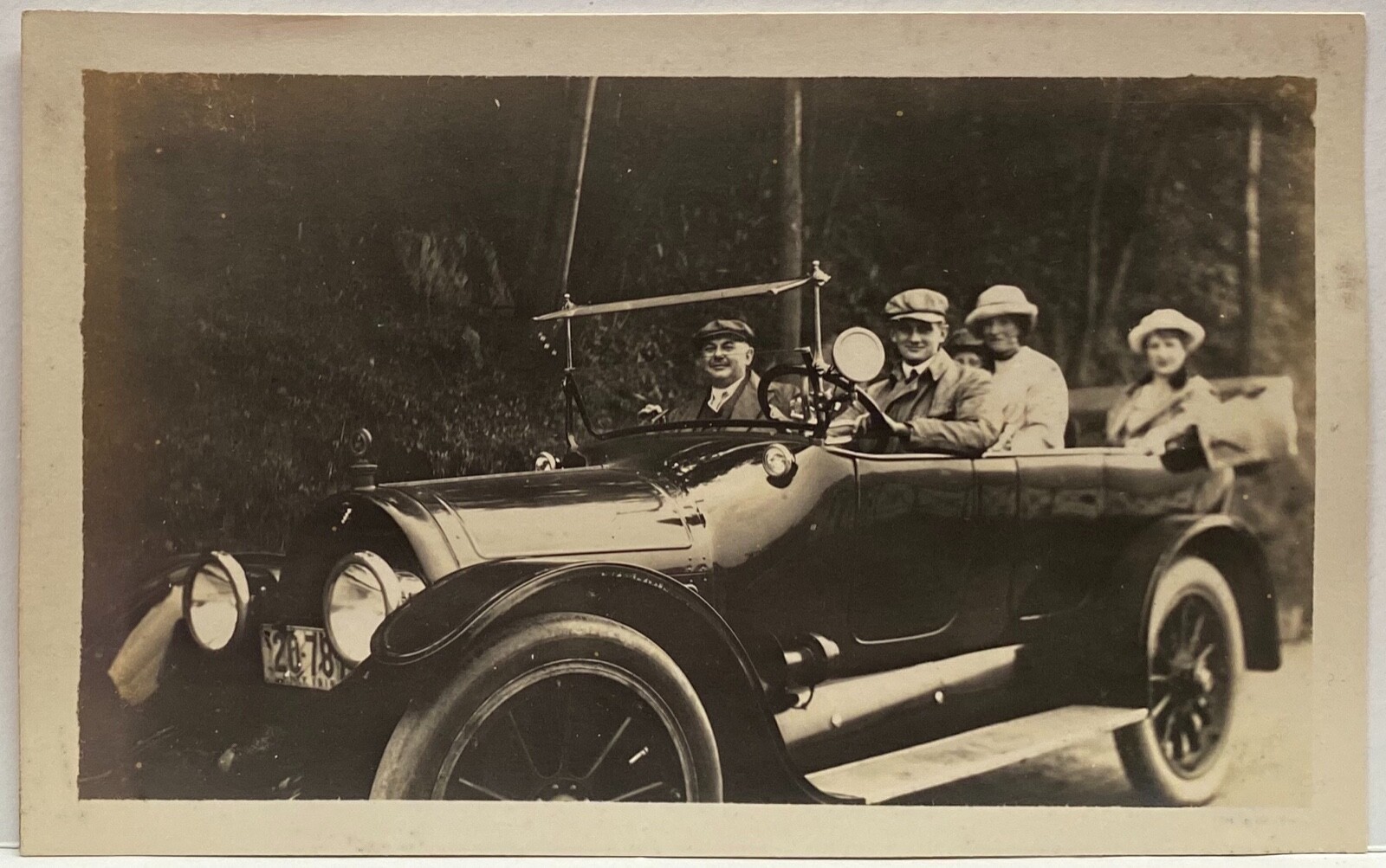 Four People Ride In Old Auto With Top Down NY License Plate-Early Photo 1914