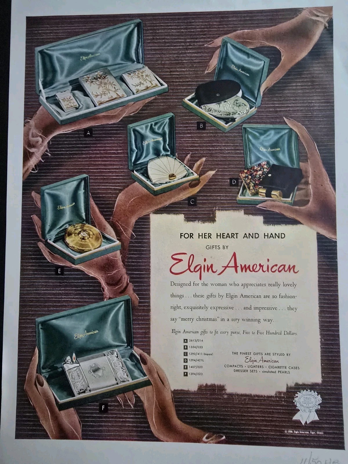 1950 Elgin American Compact For her heart and hand vintage Ad 