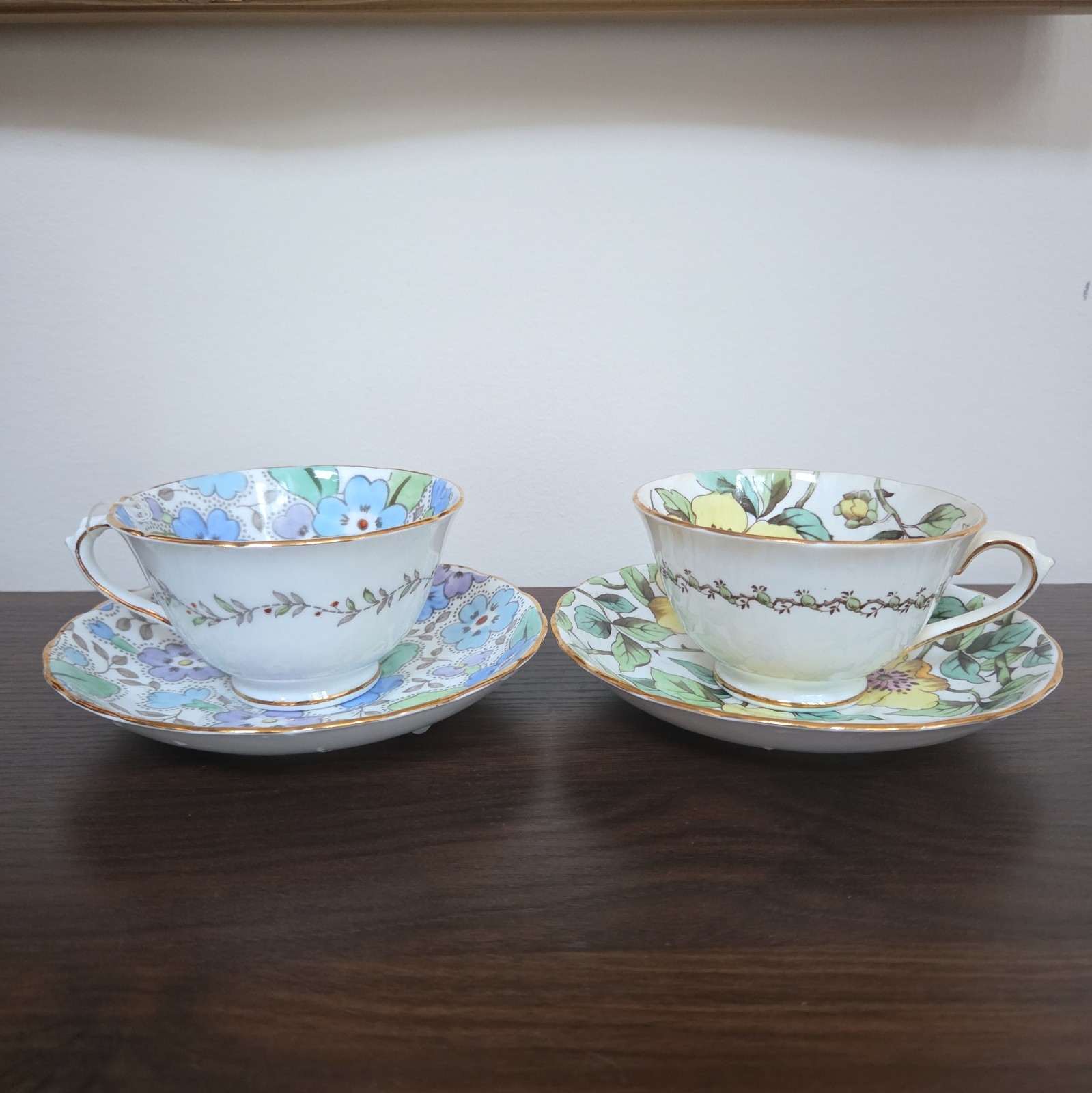 2 Vintage Plant Tuscan China Teacup Saucer Sets Floral Gold Trim England