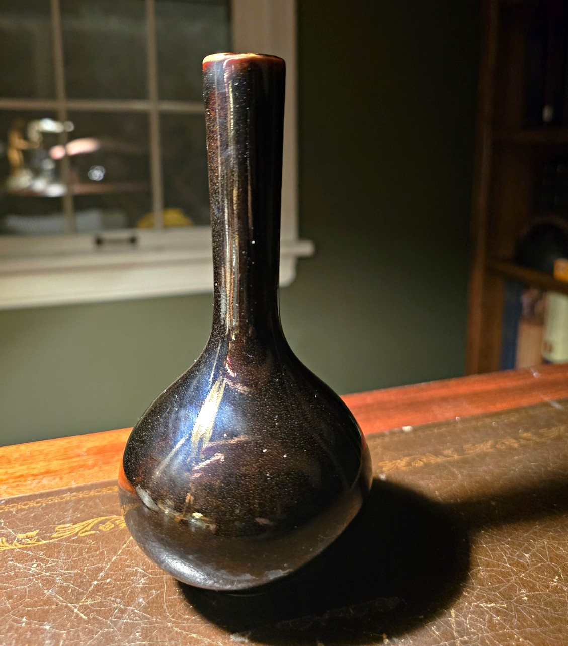 Vintage Japanese Black Glazed Bud Vase Long Neck MCM Bottle Form 9.5” Japan