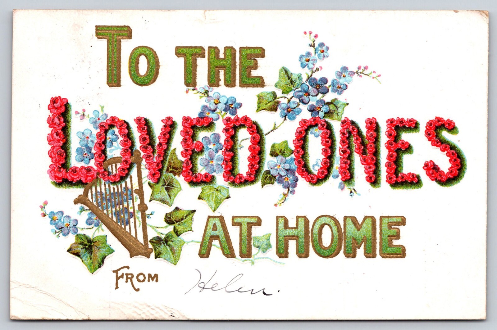 Postcard To the Loved Ones at Home From Floral Harp Embossed