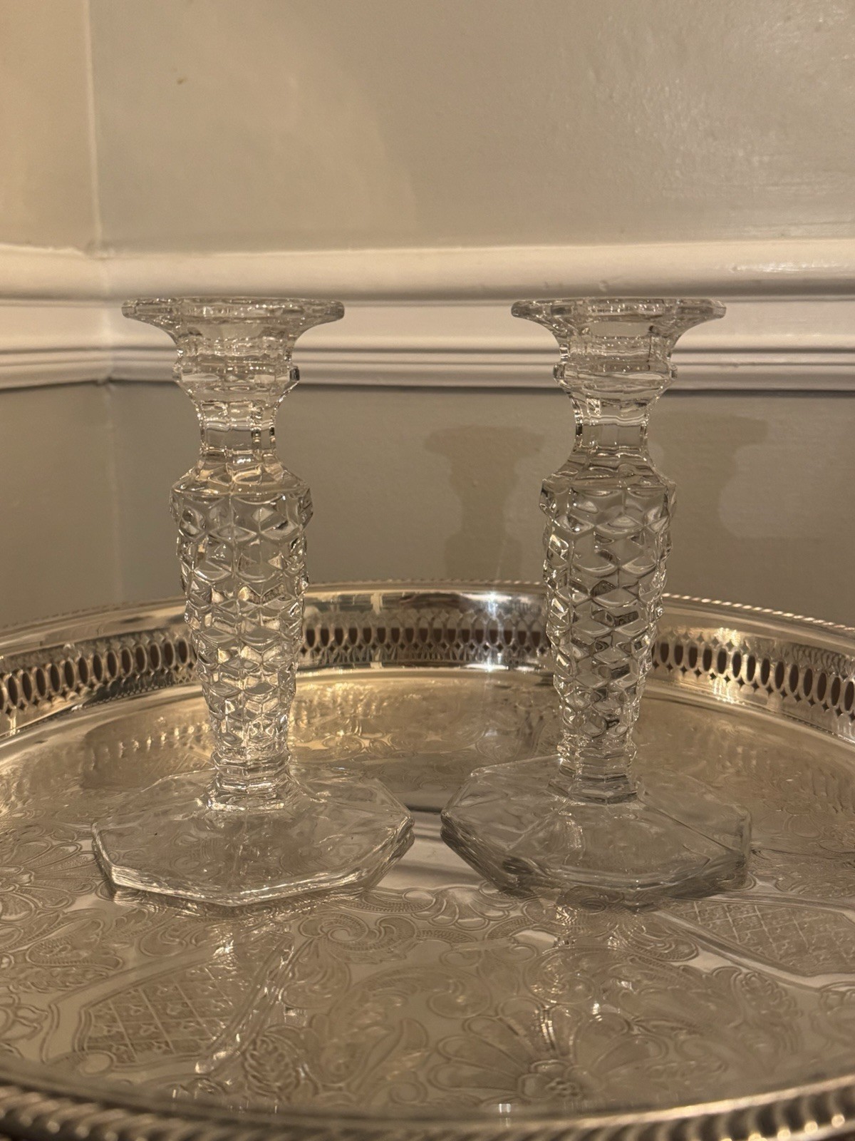 Pair of vintage Fostoria American clear glass candlestick holders
