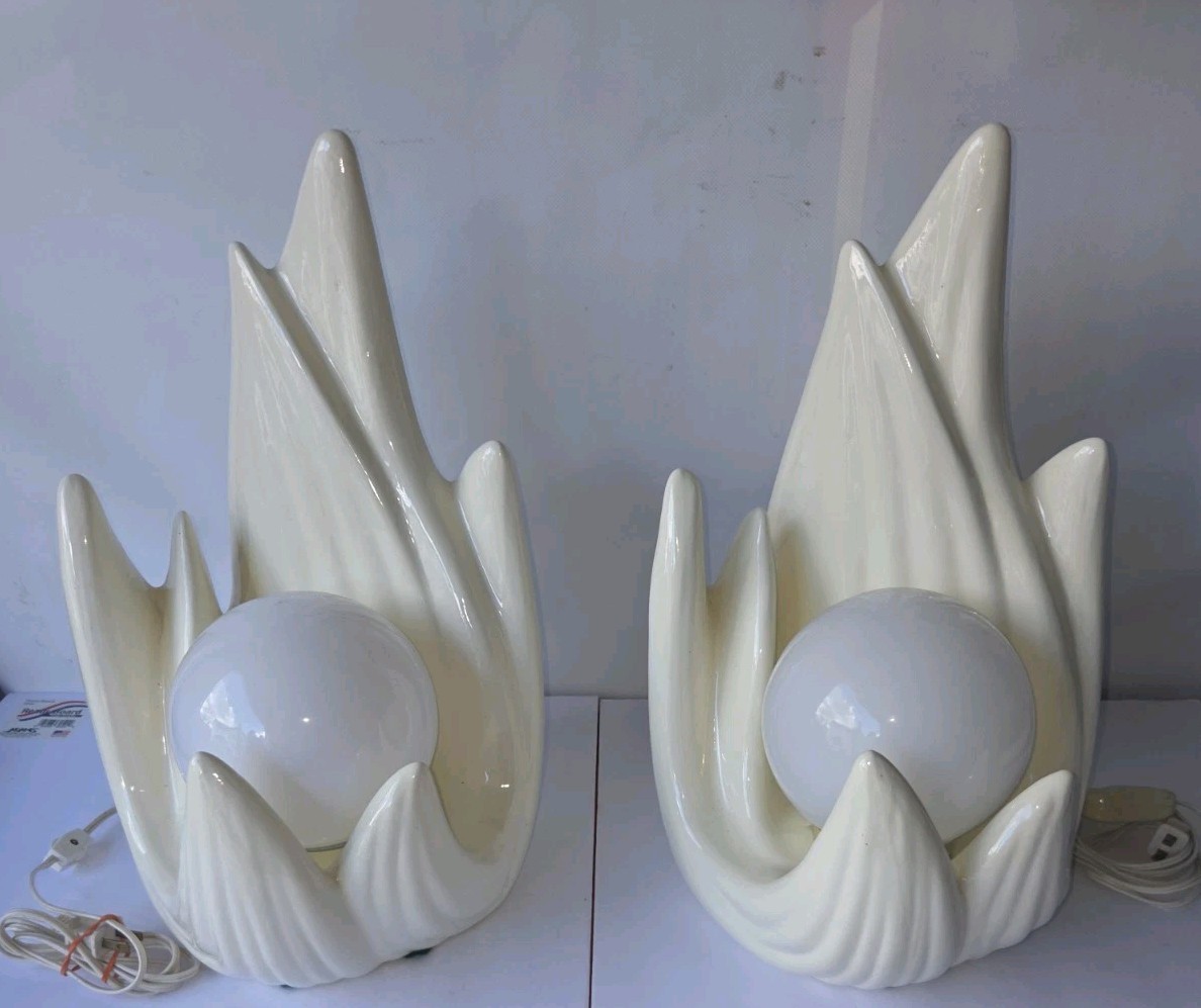 Rare MCM Flame Globe Lamps Pair 17” Sculptural Atomic Lotus Light