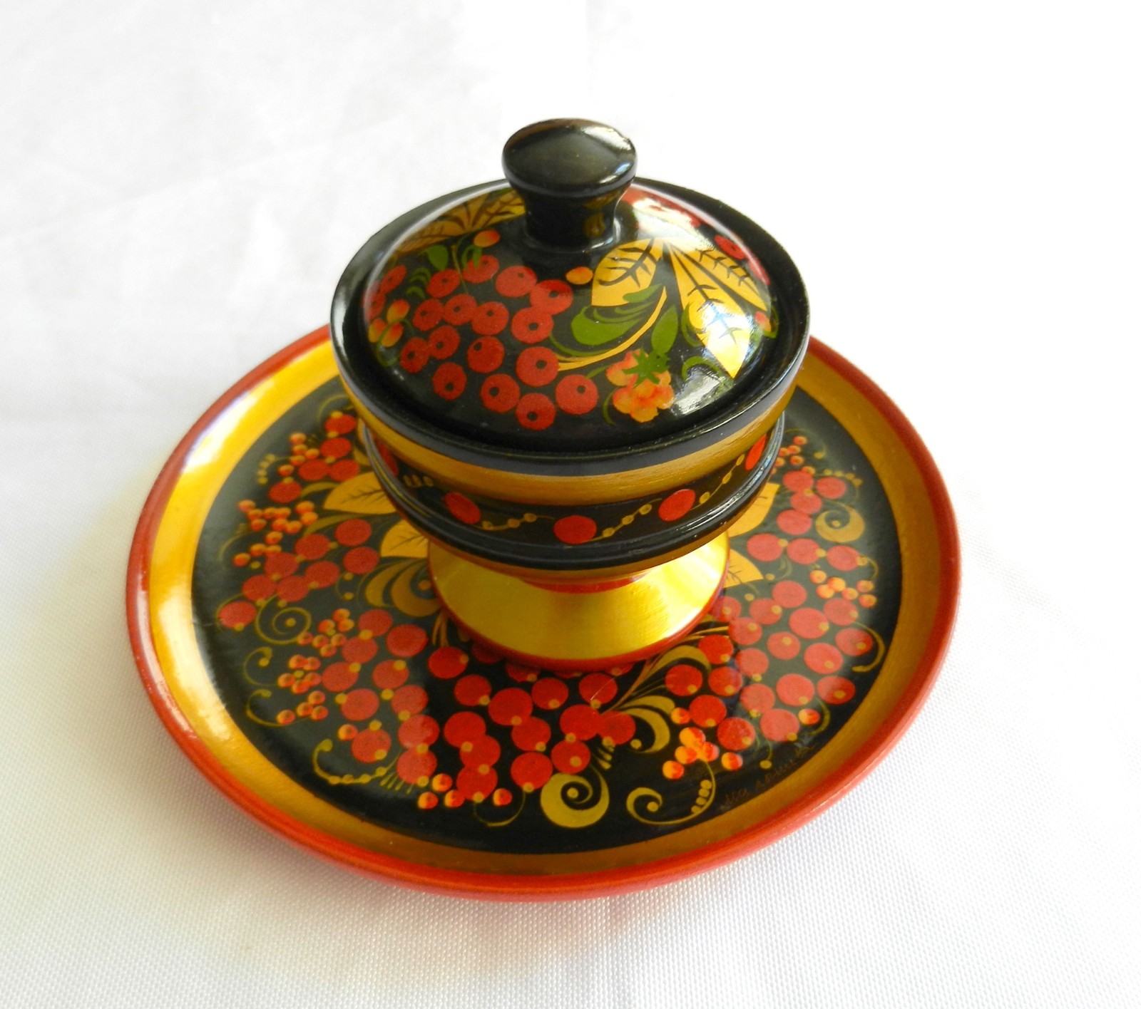 Khokhloma Plate Tray & Bowl Lid Traditional Berry Hand Painted Russian Folk Art