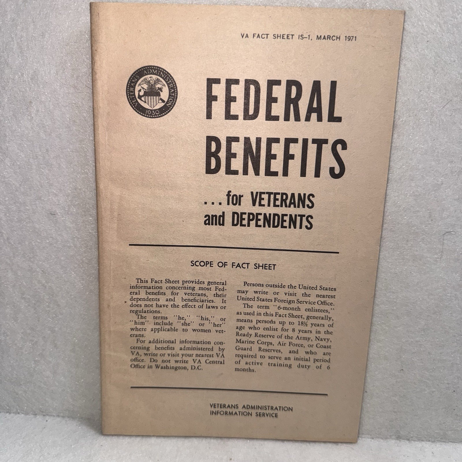 1971 VA Federal Benefits Veterans Dependents Fact Sheet Vietnam Era G.I. Bill